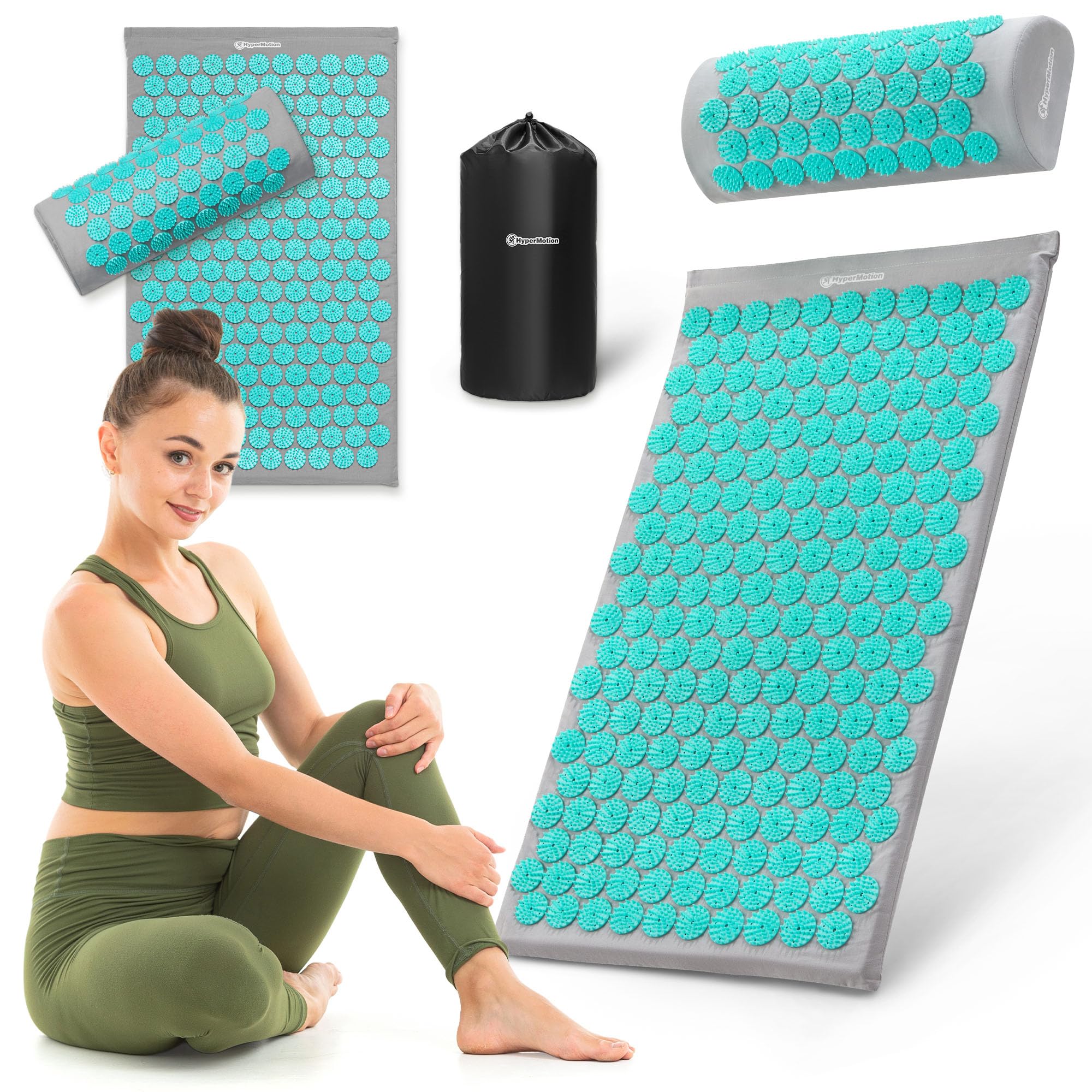 HyperMotion Akupressurmatte mit Kissen Eco - Akupunktur Matte - Massagematte Ganzkörpermassage, Akupressurmatte Set für Entspannung, Kokosfaser und Buchweizen, Grau-Mint, 72 x 42 x 2 cm