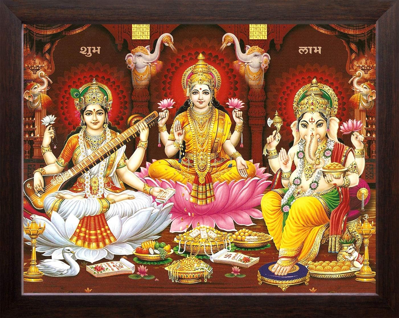 Art n Store Mata Laxmi with Devi Saraswati & Lord Ganesha HD Printed Religious & Decor Picture with Plain Brown Frame (30 X 23.5 X 1.5 cm_ Brown Wood)