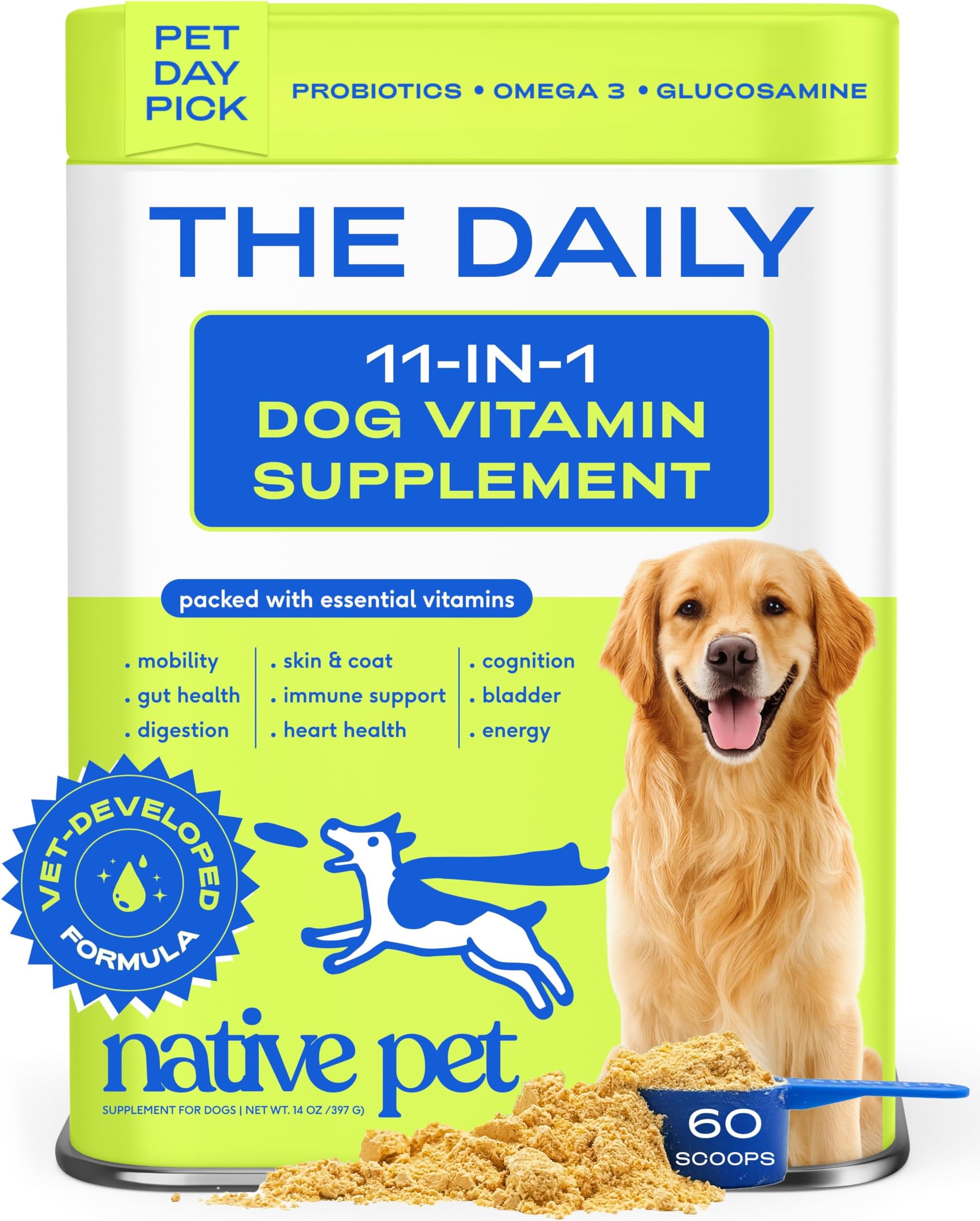 Native Pet Dog Vitamins & Supplements - 60 Scoops - 11-in-1 Multivitamin for Dogs with 21 Supplements & Vitamins – Nutritious Food Topper Powder - Pet Health & Puppy Essentials - 60 Scoops