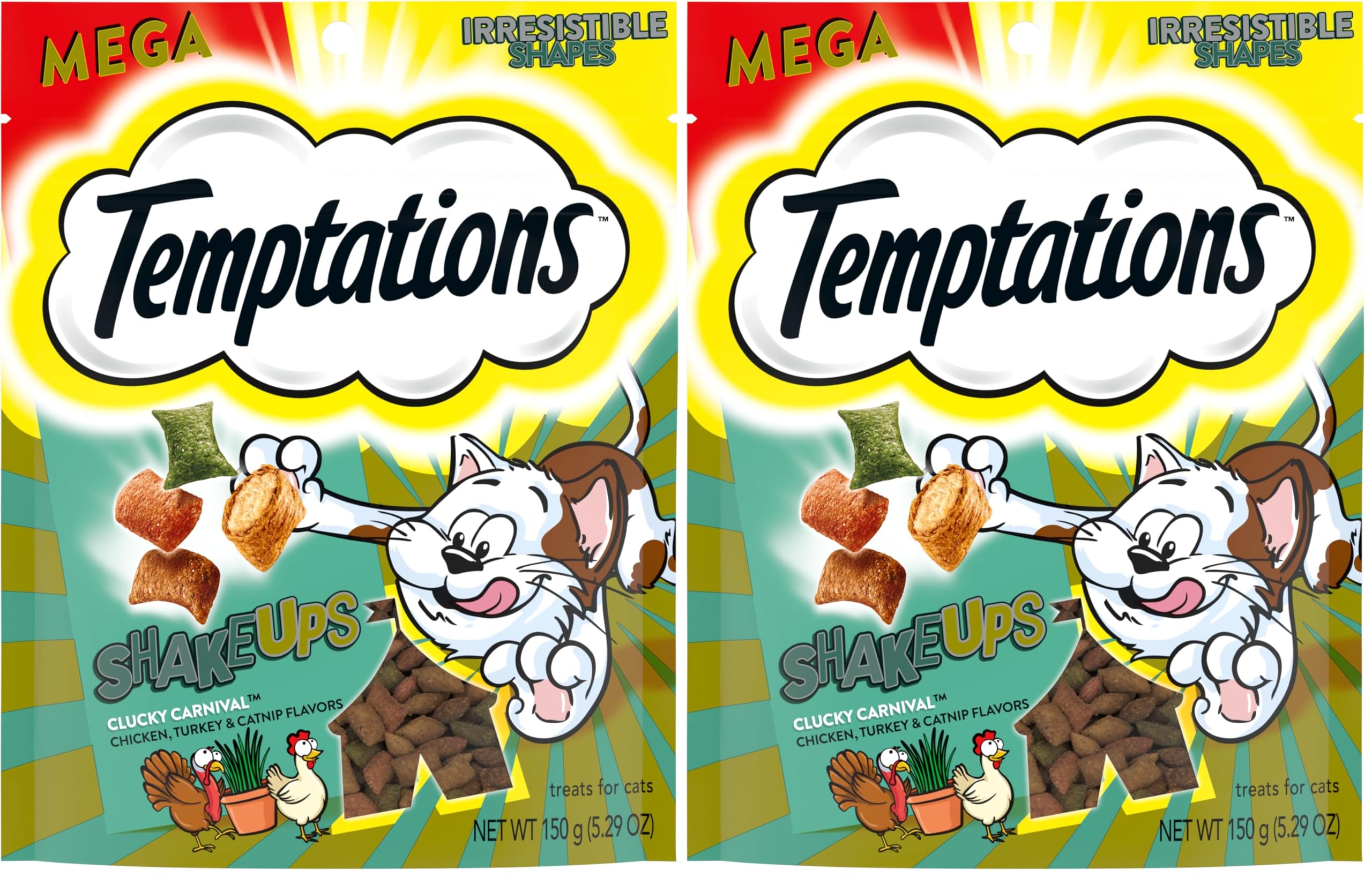 Temptations ShakeUps Crunchy and Soft Cat Treats, Clucky Carnival Flavor, 5.29 oz. Pouch (Pack of 2)