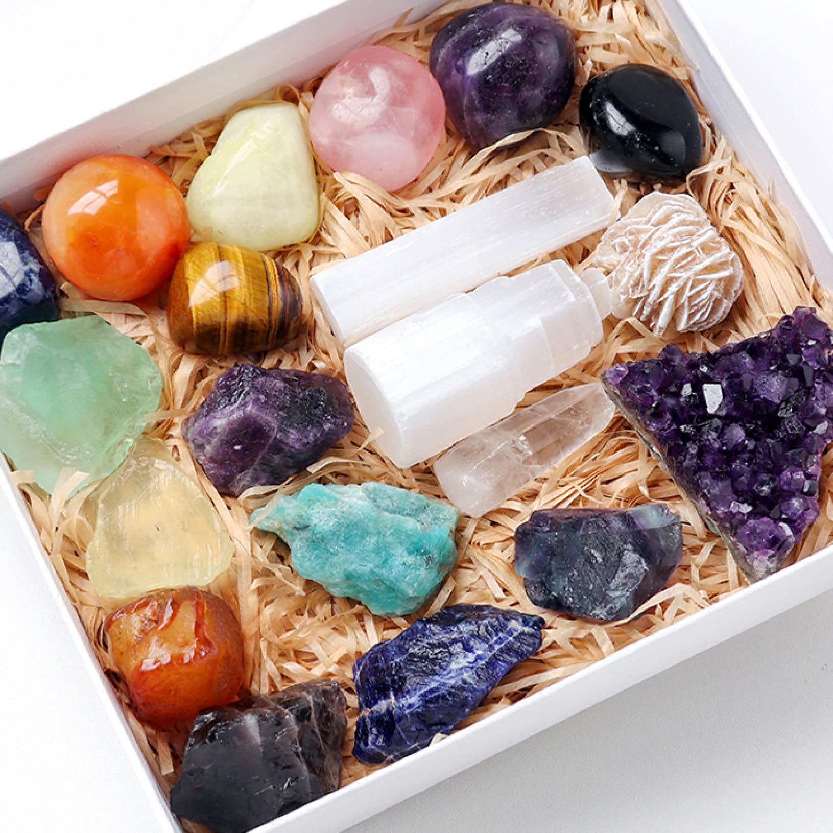 Piedras y Cristales Natural Piedras Preciosas Amatista Fluorita Juego de Piedras en Bruto Curación Cristal Energía Torre de selenita Colección de brujería Caja de Regalo Inicio Colecciones