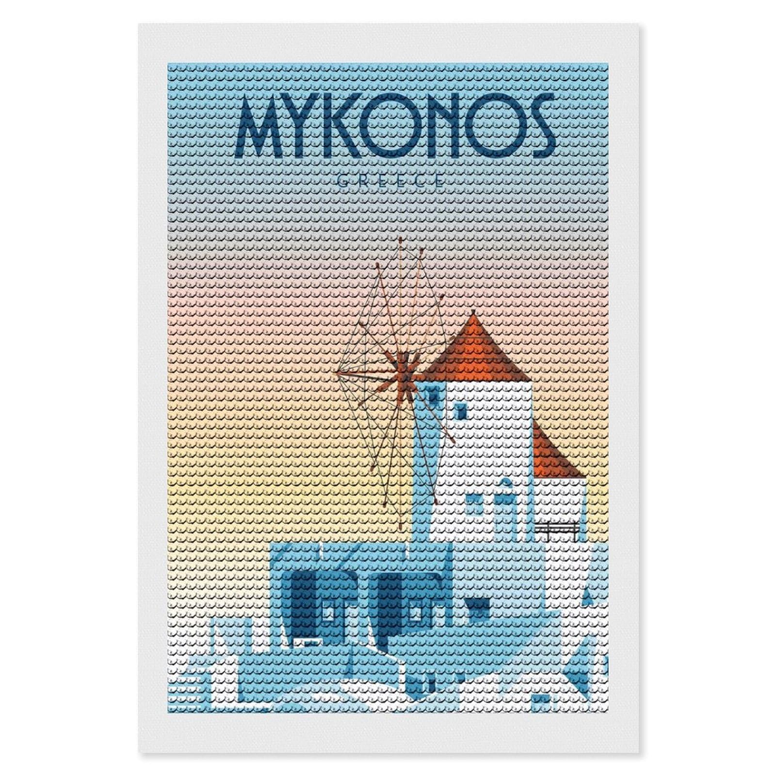 Junmoney Mykonos Diamond Painting Canvas Kit 8"x12", Adhesive Canvas, Living Room Decor, Farmhouse Decor, Winter Craft