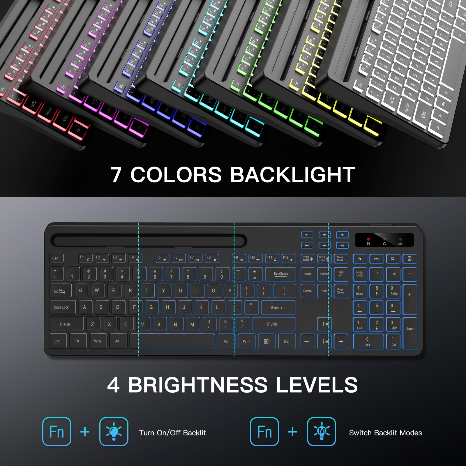 Soueto Tastiera wireless con 7 colori e 4 modalità RGB retroilluminata, tastiera ergonomica con poggiapolsi, supporto per telefono e tablet, tastiera per computer con illuminazione 2,4 G con tastiera