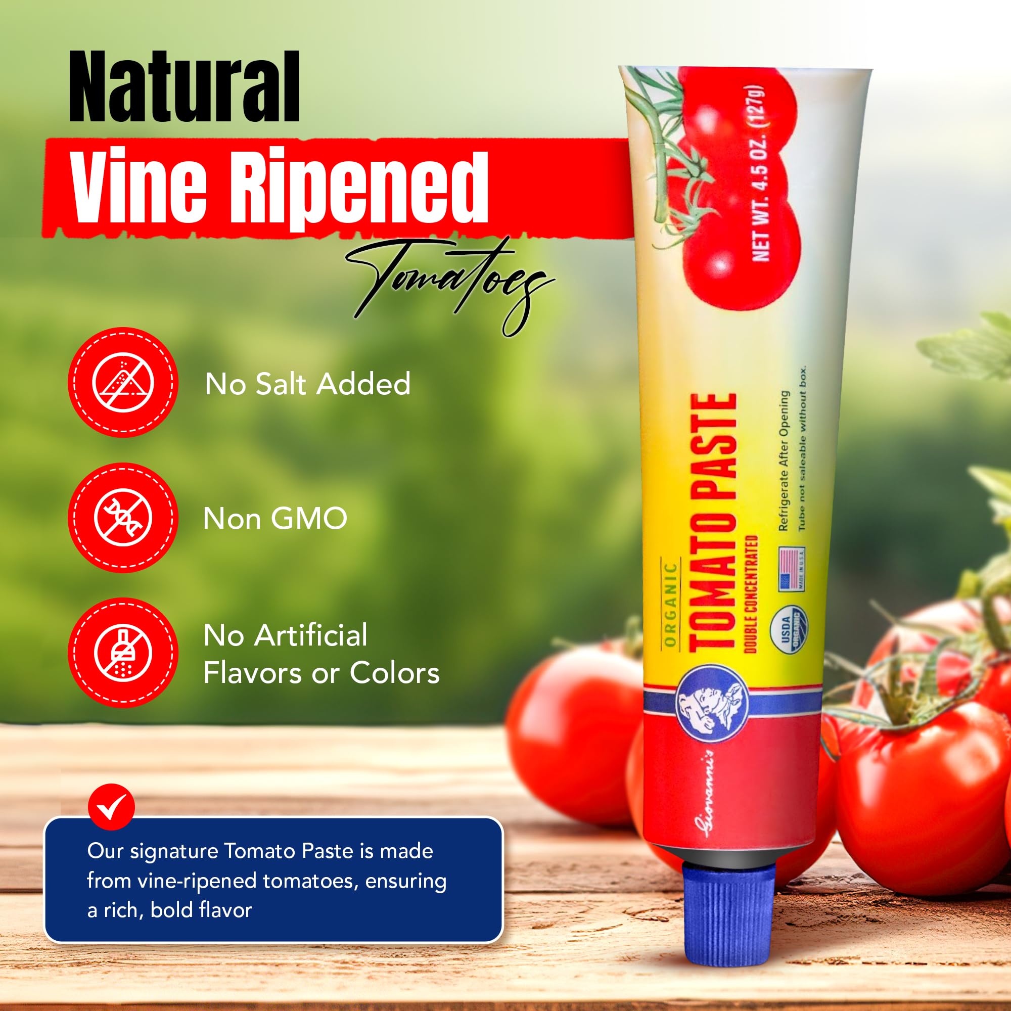Giovanni’s Organic Double Concentrated Tomato Paste – 2 Pack (4.5 oz Tubes) | Made in the USA with Vine-Ripened California Tomatoes, Non-GMO, No Additives, Rich Flavor