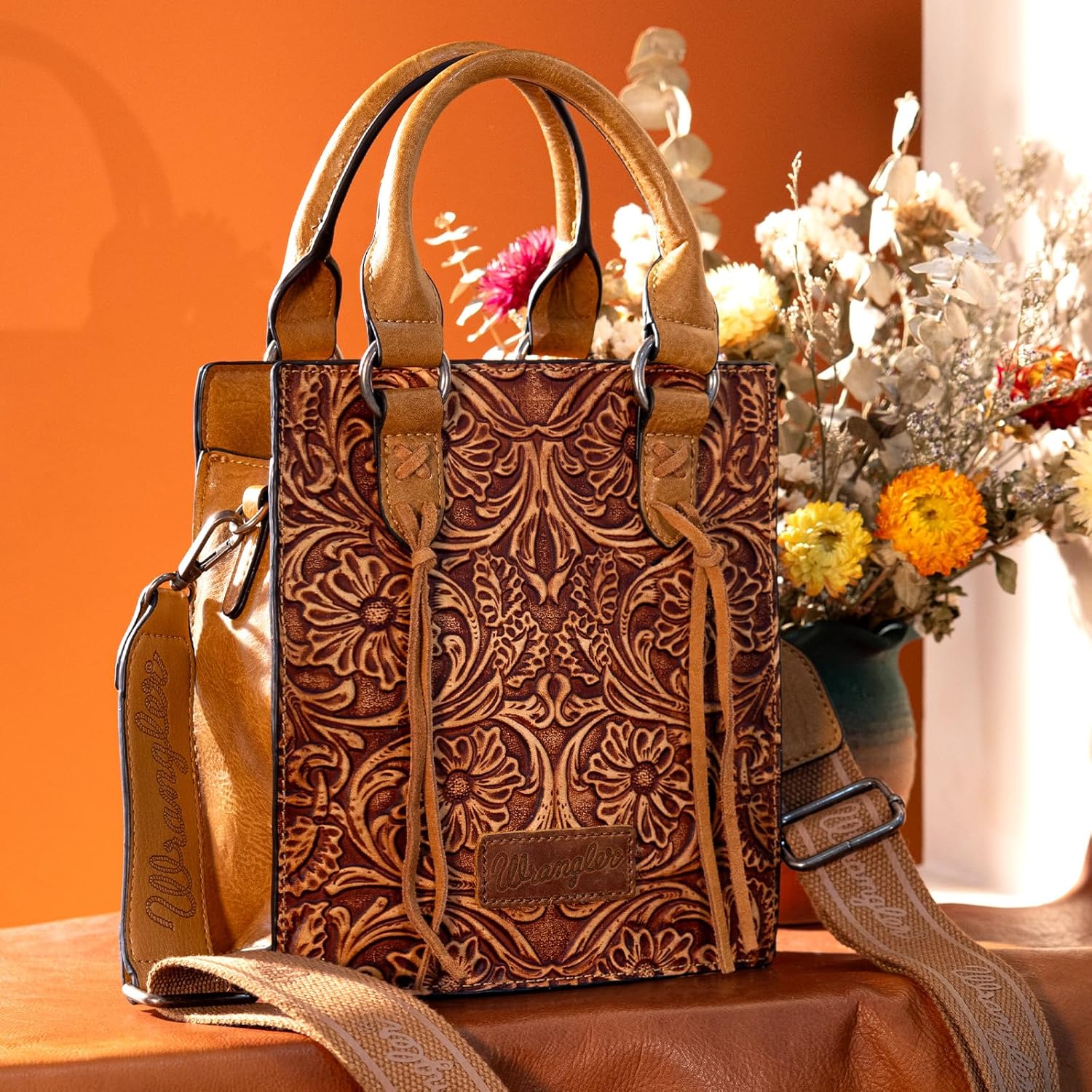 Wrangler Embossed Crossbody Purse for Women Top Handle Fringe Handbags and Western Mini Tote - Image 2