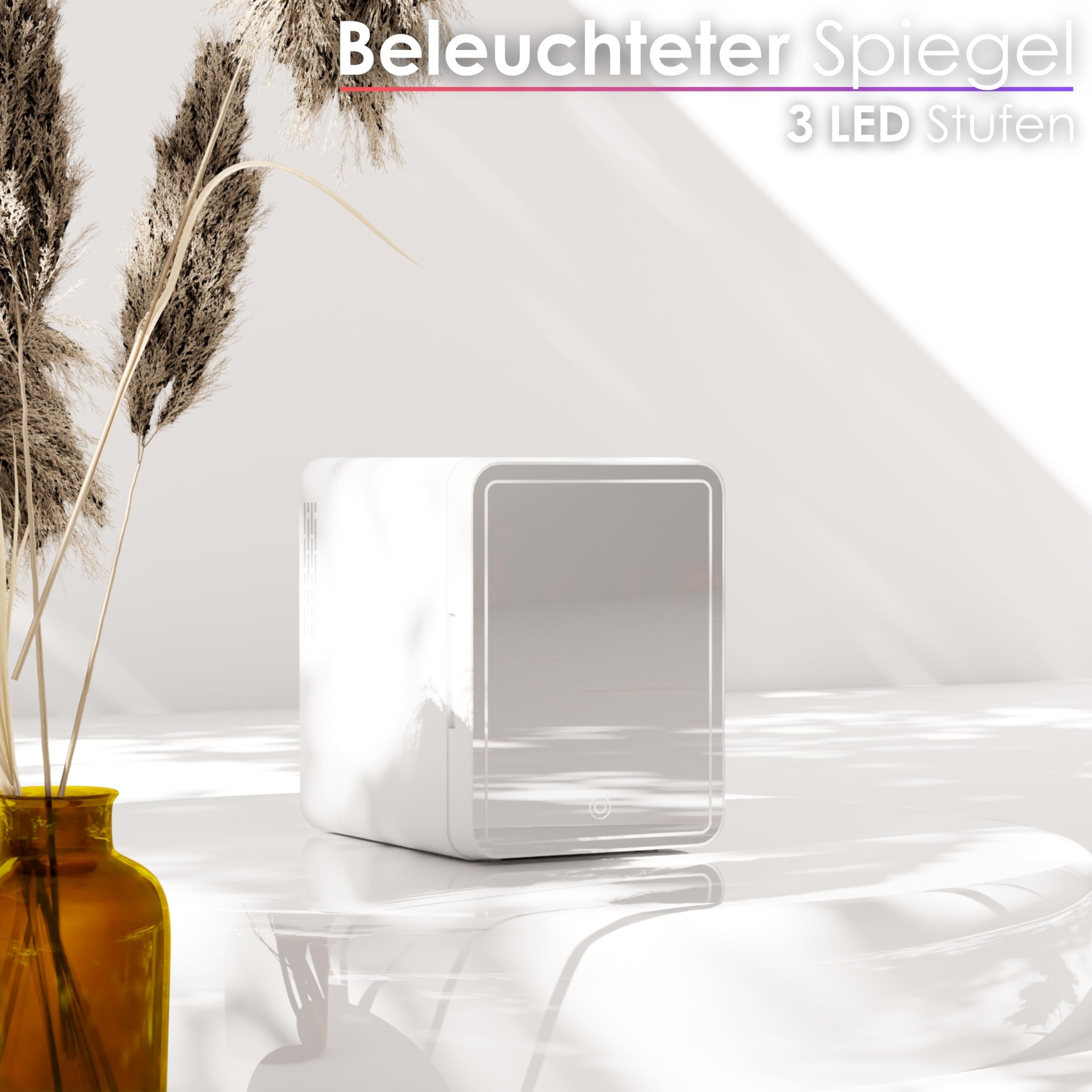Mini Kühlschrank mit LED Spiegel 4L Kosmetikkühlschrank mit Spiegel Schönheitskühlschrank Make Up Kühlschrank Kühlgerät Mini Minikühlschrank Getränkekühlschrank Minibar Mini-Kühlschrank 3 Stufen LED