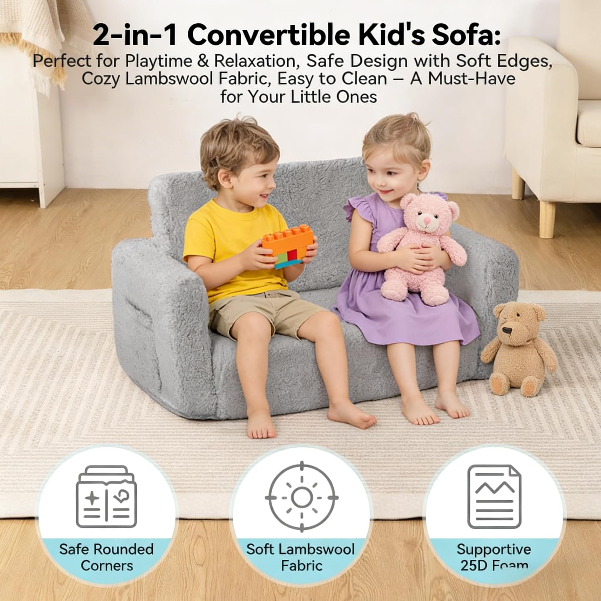 Kindersofa Ausklappbar, 2-in-1 Kindersessel ab 1 Jahr & Kindercouch mit Abnehmbarem Cover – Kuschelecke Kinderzimmer, Weich & Sicher für Mädchen und Jungen (Grau)