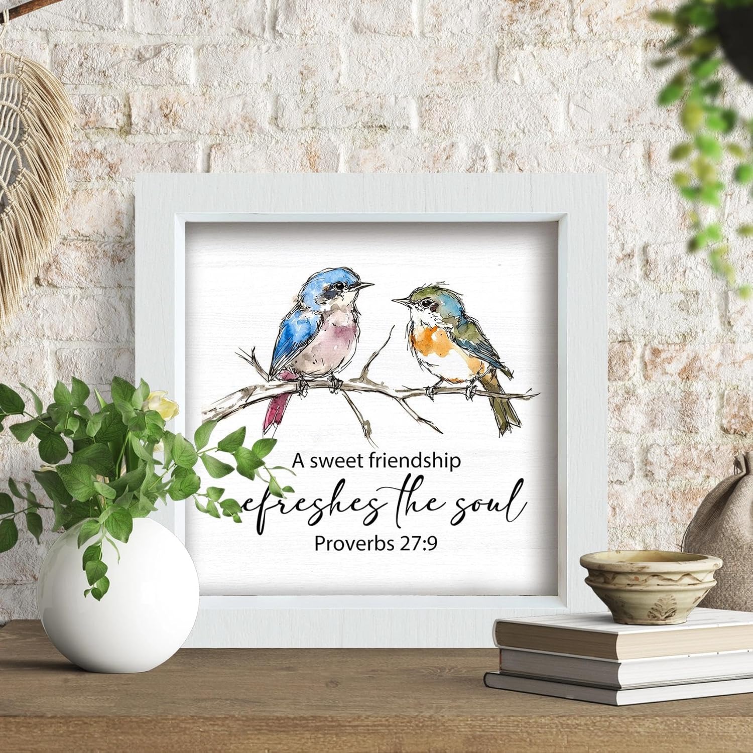 Friendship Gifts Signs Decor, Bible Verse Birds Decor, "A Sweet Friendship Refreshes The Soul", Bible Verse Christian Wood Frame Signs For Home Office Kitchen, Christian Gifts For Women image 2
