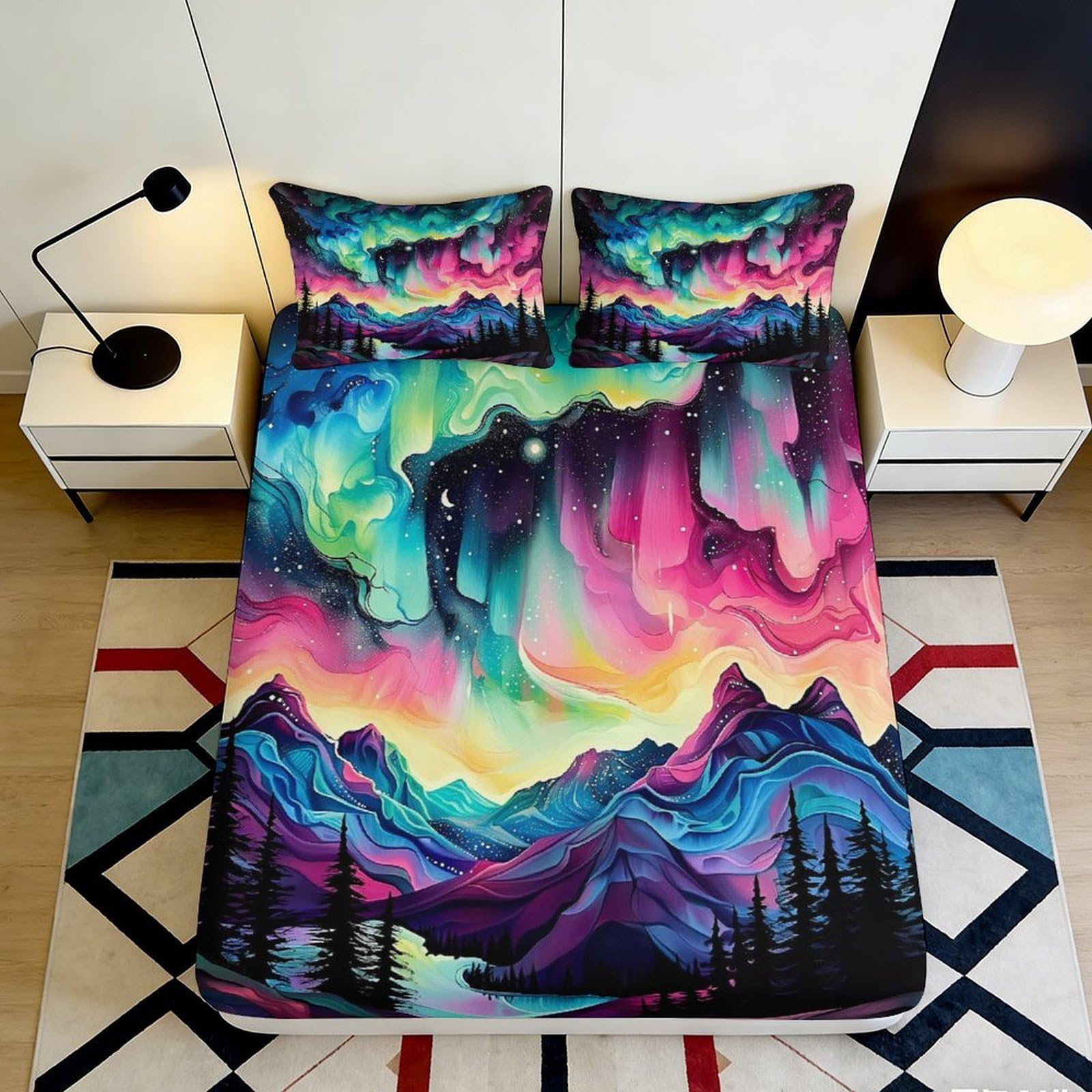 3D Printed Aurora Mountain Fitted Sheet Microfiber Soft Gradient Night Sky Bed Cover for Bedroom Dorm Mattress Decor 90x200x25cm