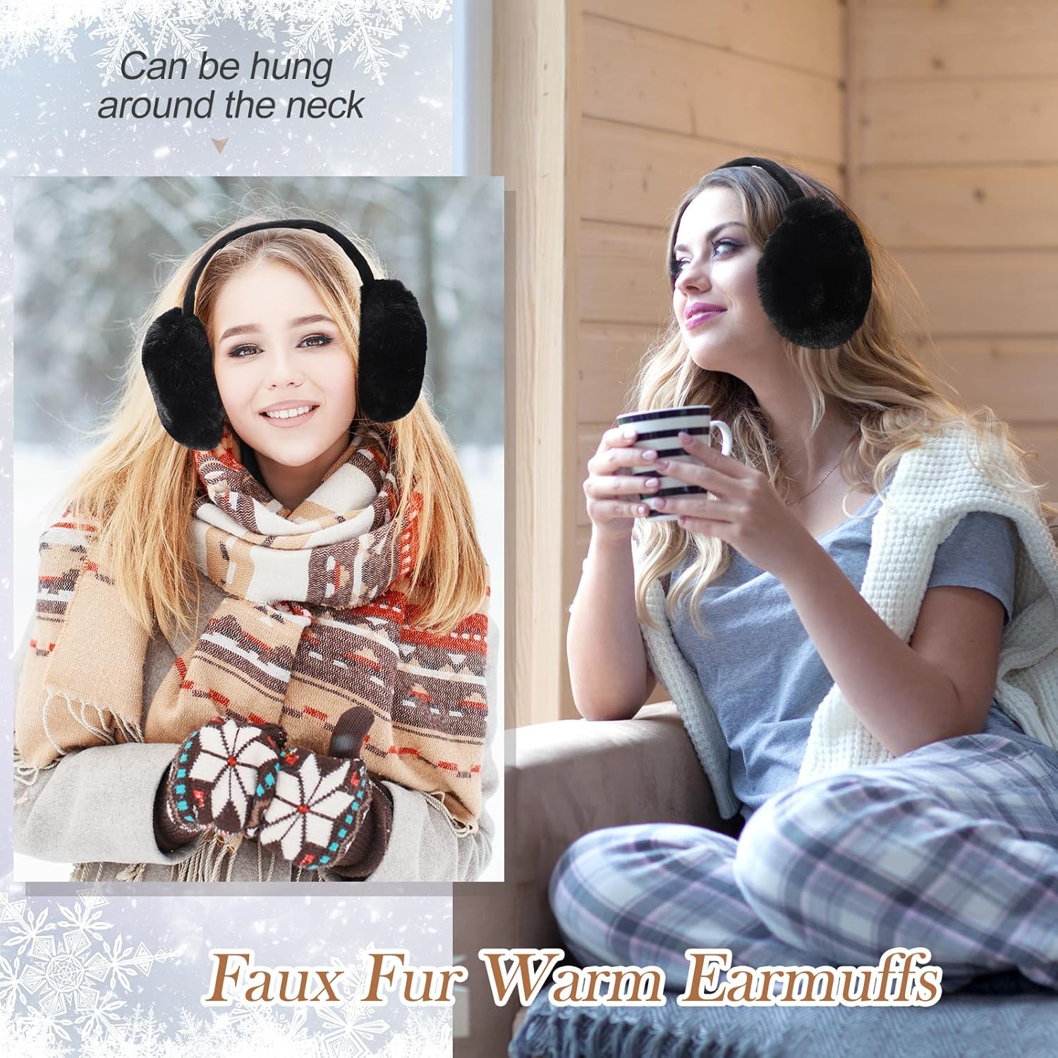 SATINIOR 2 Pcs Winter Ear Muffs Woman Cute Furry Faux Fur Ear Warmers Outdoor Foldable Headband for Cold Winter Accessories(Black) - Image 5