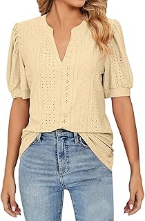2025 - Mujer Casual Verano Cuello en V Color sólido Burbuja Hueca Manga Corta Camiseta Suelta Top Elegante Blusas Mujer Invierno