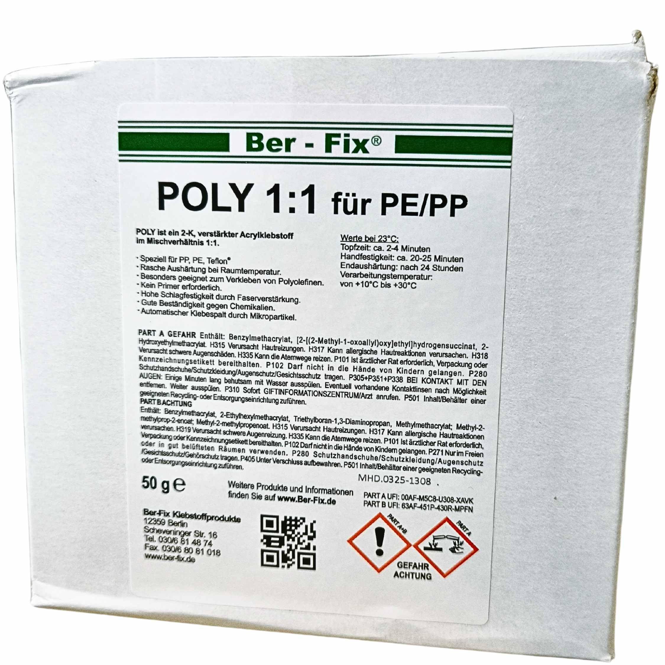Ber-Fix 2K Poly Spezialkleber 2x50g + 12 Düsen PE PP HDPE primerlos 50g