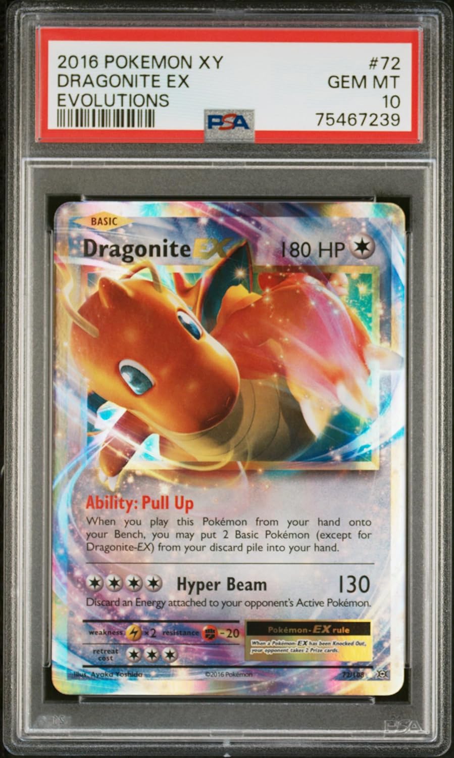 Graded 2016 PKM XY Dragonite ex #72 Evolutions Trading Card Game PSA 10 Gem Mint
