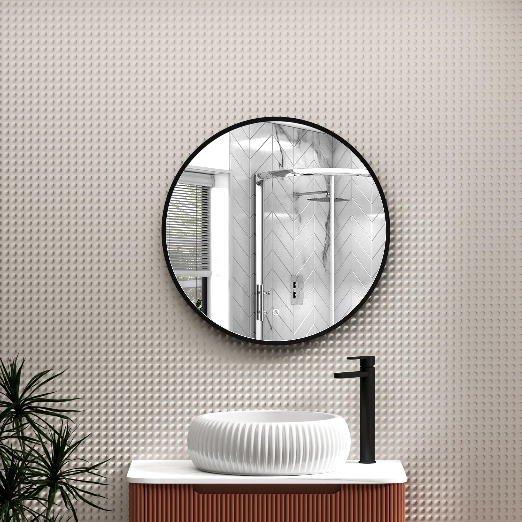 Royal Bathrooms Luxor 600 x 600mm Wall Mounted Bathroom Mirror Matt Black LED Within Frame Illuminated Frontlit 3 Colors Anti-Fog Round