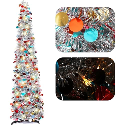 Christmas Tree with LED Light, 5Ft Artificial Christmas Tree Decorations Pencil Xmas Tree for Home Party Office Fireplace Holiday Decorations Valentines Day Lights Decoration Gifts for Mom