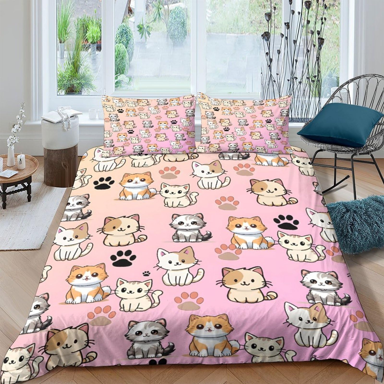 Ctjqhvkz Style-1 3D Printed Cute Cartoon Cat Fitted Sheet Microfiber Pink Kawaii Paw Mattress Cover For Bedroom Guest Room Home Decor Single（135X200cm）