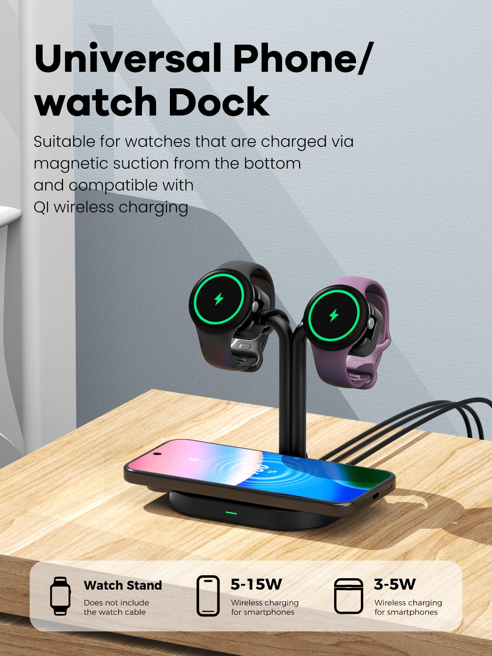 Universal Dual Watch Charger Dock, 3 in 1 Adjustable Smart Fitness Tracker Wireless Charging Station, for Samsung/Google/Amazfit/Fitpolo/GRV/AGPTEK/Fire-Boltt Watch Stand (A22SW-Black)