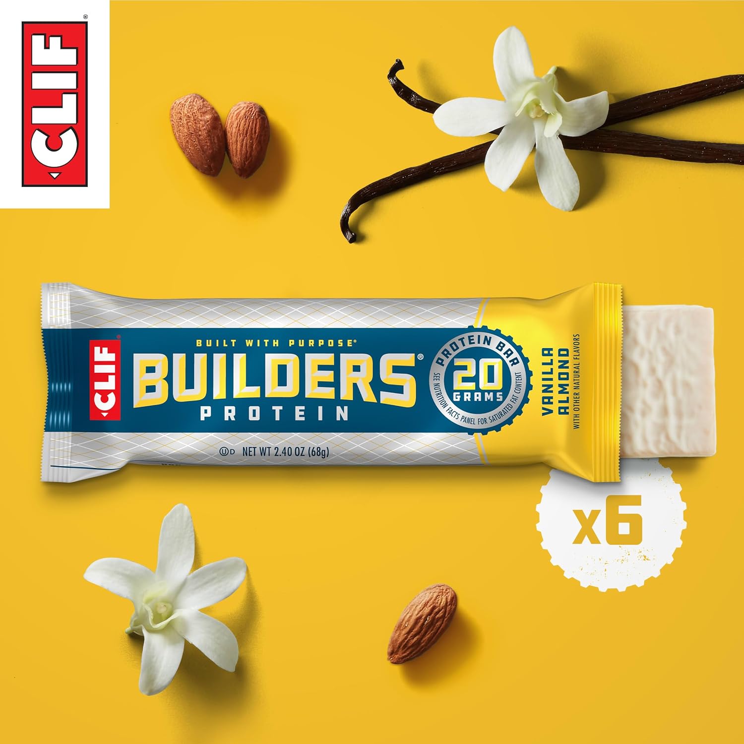 CLIF BUILDERS Protein Bars - Vanilla Almond Flavor - 20g Plant Based Protein - Gluten Free - Non-GMO - Low Glycemic - No Artificial Sweeteners - 2.4 oz. (6 Pack)