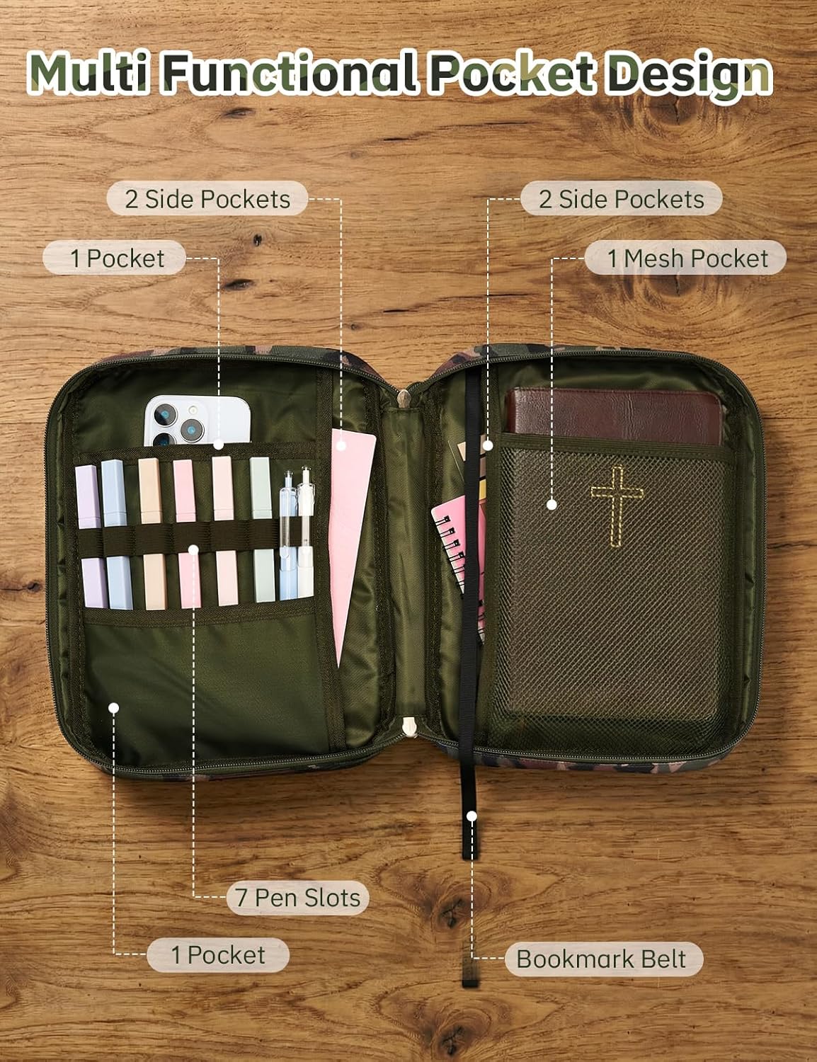 4 PCS Tactical Bible Cover for Men - Bible Bag for Men with Shoulder Strap - Washable Padded Bible Case with Carry Handle- Christian Gift for Men Bible Case for Church, Study, Spiritual
