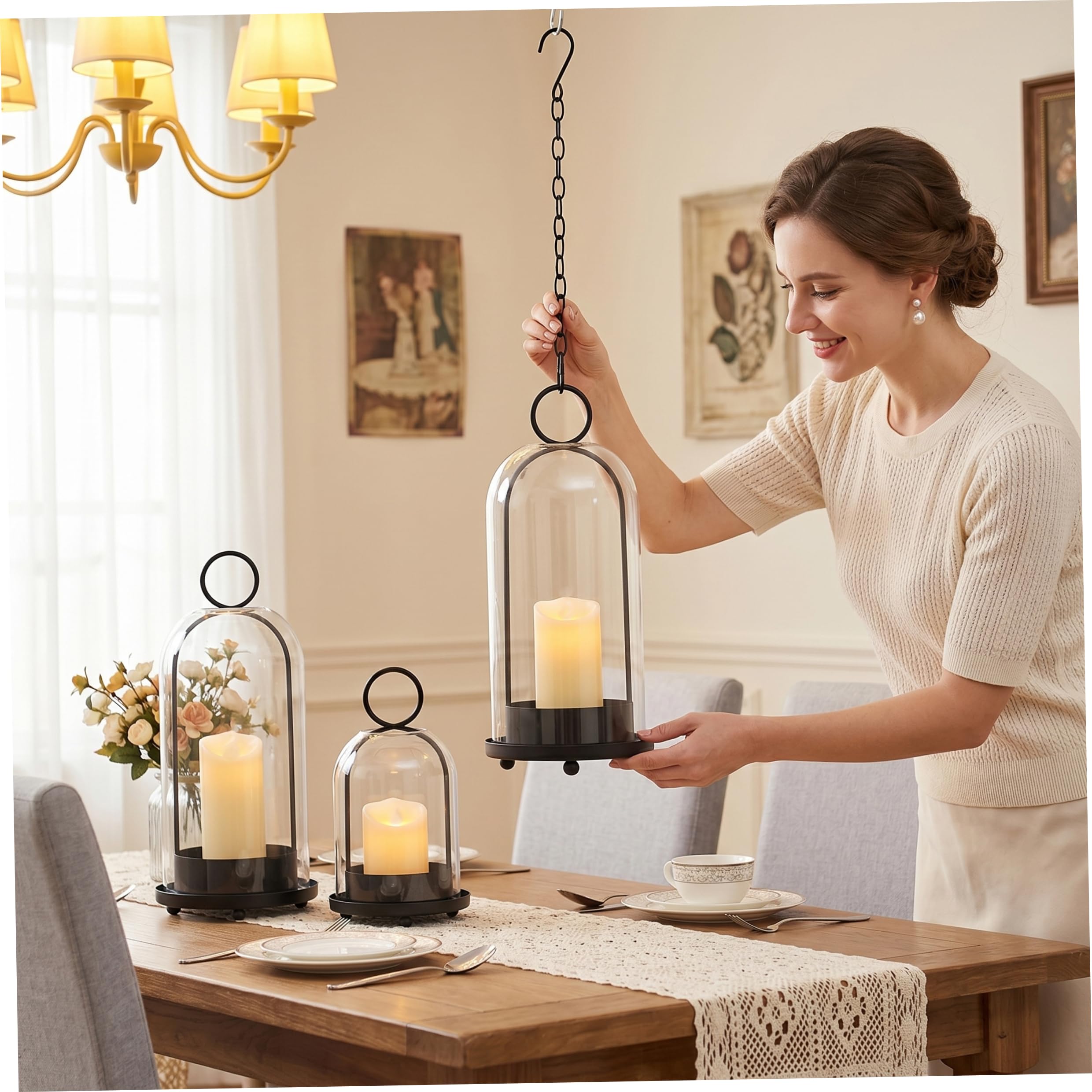 Juego de 2 portavelas de Cristal Hurricane, de Mesa o Colgantes, de Metal Negro y Cristal Transparente para Velas de Pilar..