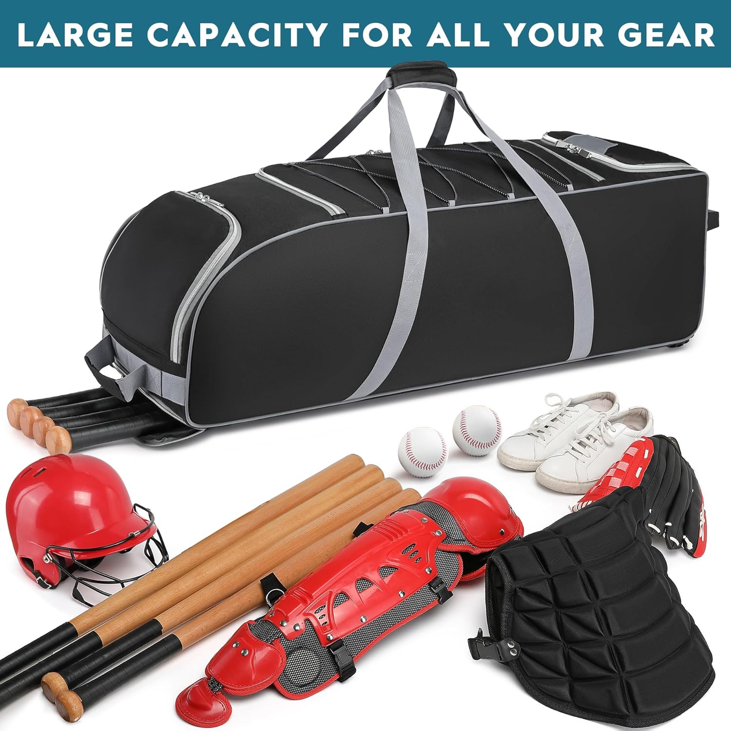 Large Catcher Gear Bag With Wheels, Soft Rolling Baseball Bag for 4 Bats, Portable Baseball Catcher Bag With Wheels, Multi-Pockets, Fence Hook, Holds All Softball Baseball Equipment (99*30*30cm) - Image 4