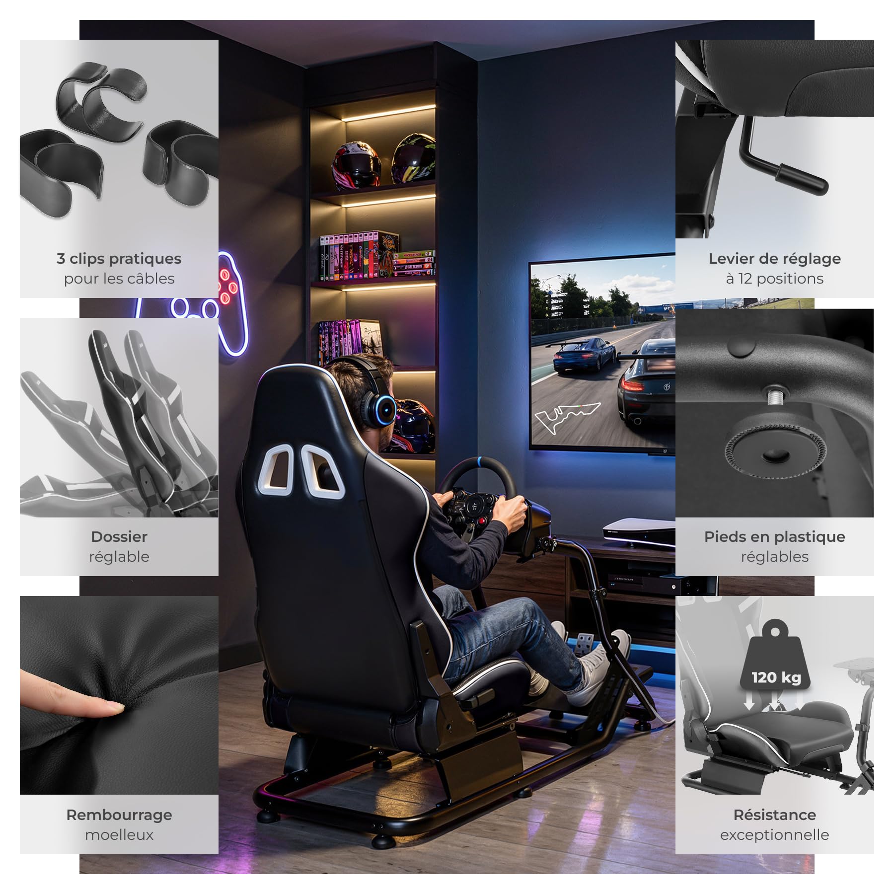 tectake® Fauteuil gaming Simulateur de conduite, 57x144x108,5 cm, Chaise Gaming baquet GT, Nombreux Réglages, Support Volant et Pédalier, Cockpit Simracing pour Volant Logitech, Thrustmaster, Fanatec