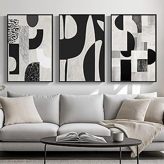 Framed Black and White Boho Wall Art, Black Abstract Geometric Artwork Wall Decor for Living Room, Large 3 Piece Modern Minimalist Wall Painting Decoration for Bedroom, Home Office, Total Size 30" H x 60" W