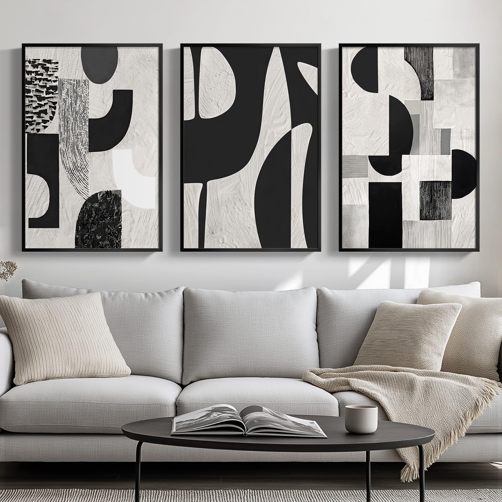 Framed Black and White Boho Wall Art, Black Abstract Geometric Artwork Wall Decor for Living Room, Large 3 Piece Modern Minimalist Wall Painting Decoration for Bedroom, Home Office, Total Size 30" H x 60" W