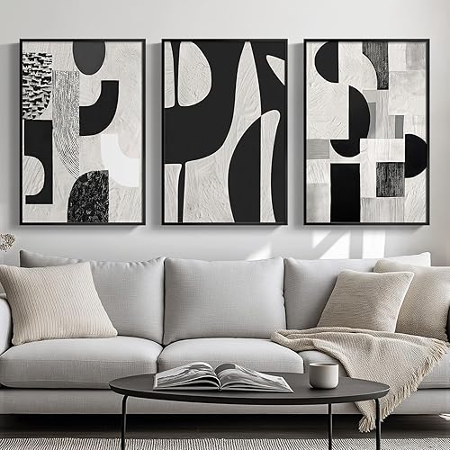 Miniatura 27 de Arte de pared abstracto enmarcado en blanco y negro grande para sala de estar, 3 piezas de impresiones en lienzo modernas grandes, pinturas, obras