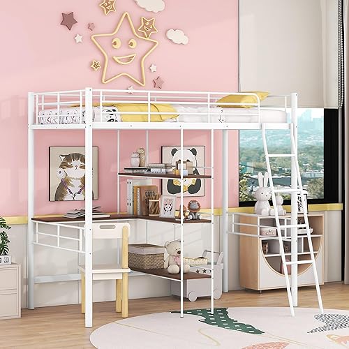 Cama tipo loft de tamaño individual con escritorio de metal con marco de cama tipo loft de alta resistencia en forma de X con escalera y barandillas