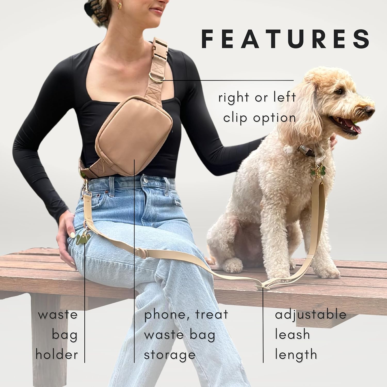 Hands Free Leash and Belt Bag | Black Belt Bag + Leash