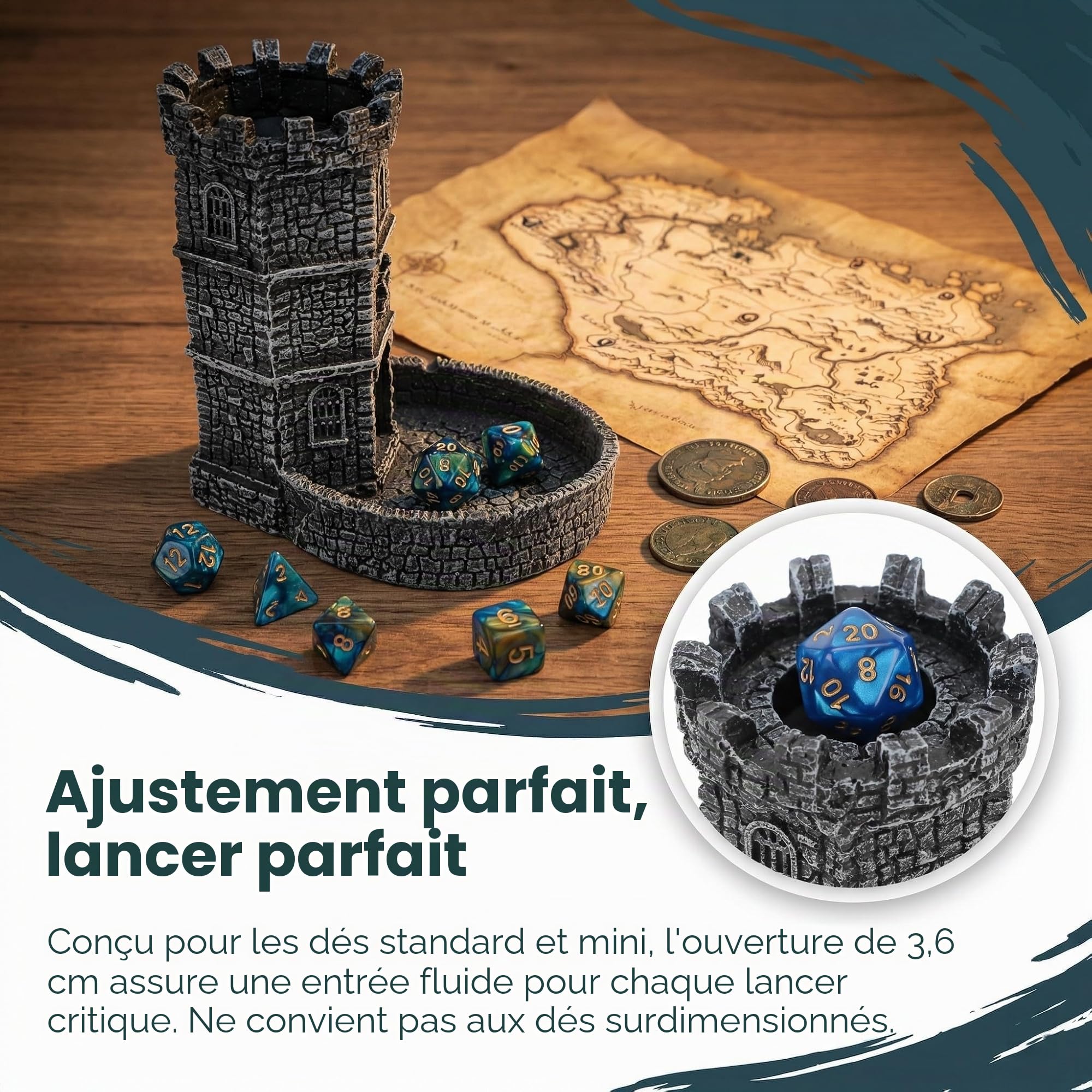 Castle Tour de dés avec plateau, tour à dés DND et plateau pour Donjons et Dragons pour jeux de société, D&D et RPG, MTG