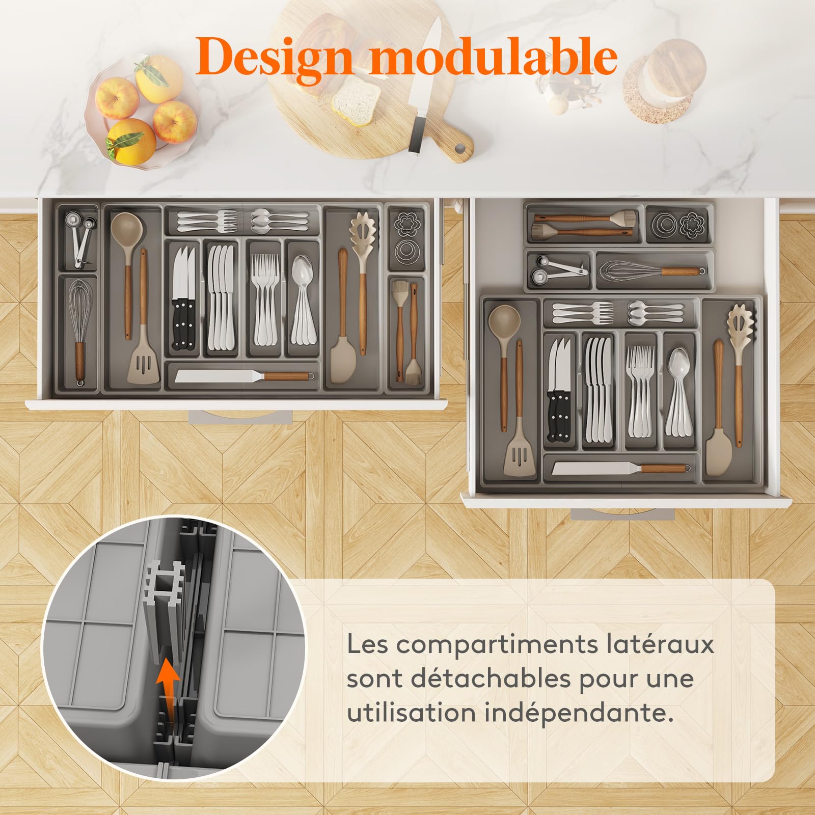 Lifewit Organisateur Couverts Cuisine, 81.6 × 42 cm Rangement Couverts pour Tiroir de 90 cm, Porte-Ustensiles de Cuisine Amovible, Plastique Support Argenterie, Couteaux, Bureau Accessoires, Gris