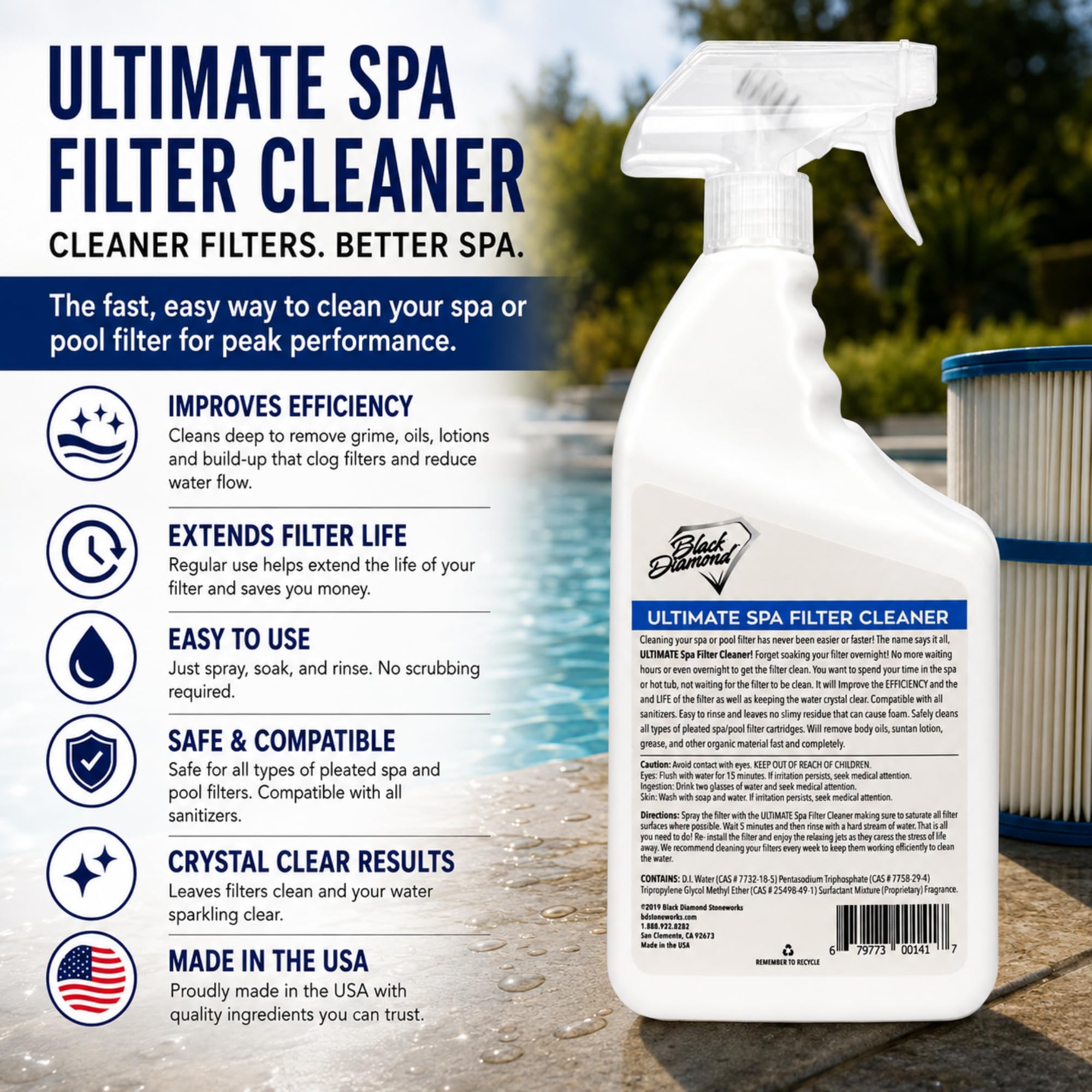 Black Diamond Stoneworks Ultimate Spa Filter Cleaner szybko działający spray do wanny z hydromasażem i filtrów basenowych.