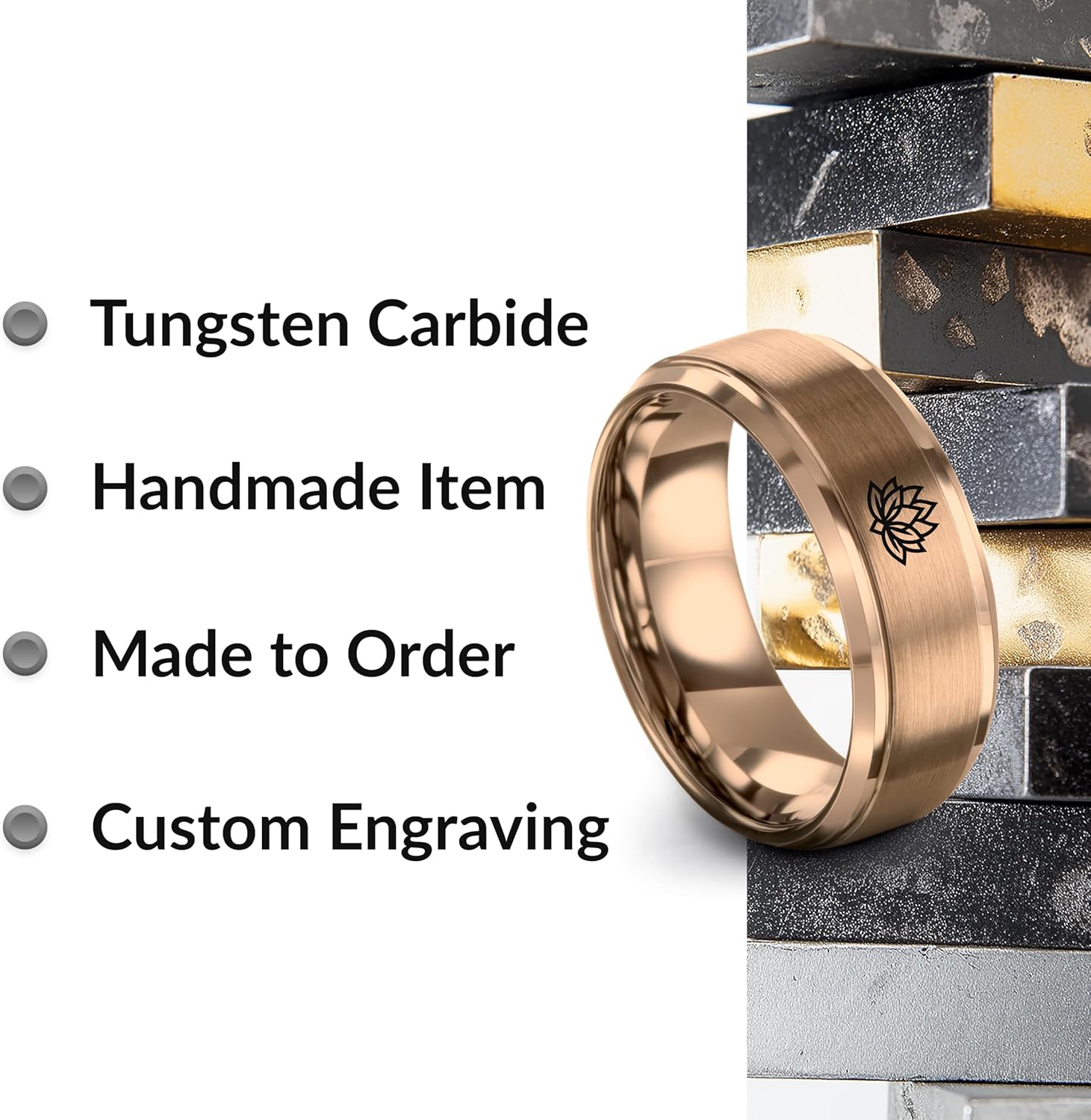 Gift for Spiritual Person - Lotus Chinese Symbol Ring - 8mm - Yellow Rose Gold Silver - Men Women - Tungsten - Anniversary Wedding - Personalized Custom Engraving - Brushed Polished - Flat Dome Bevel