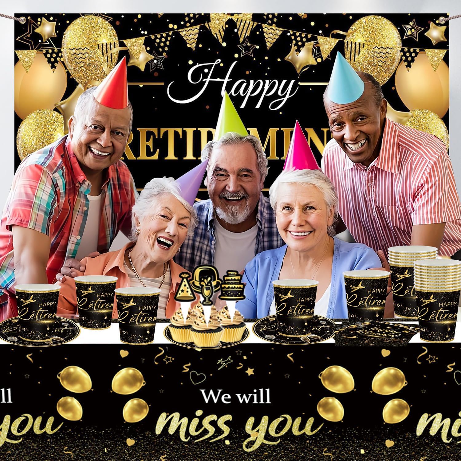 Set di 61 stoviglie per feste in pensione, decorazioni per feste di addio, accessori per decorazione per feste in oro, stoviglie in pensione per 20, Happy Farewell, piatti di carta broccato, tazze di