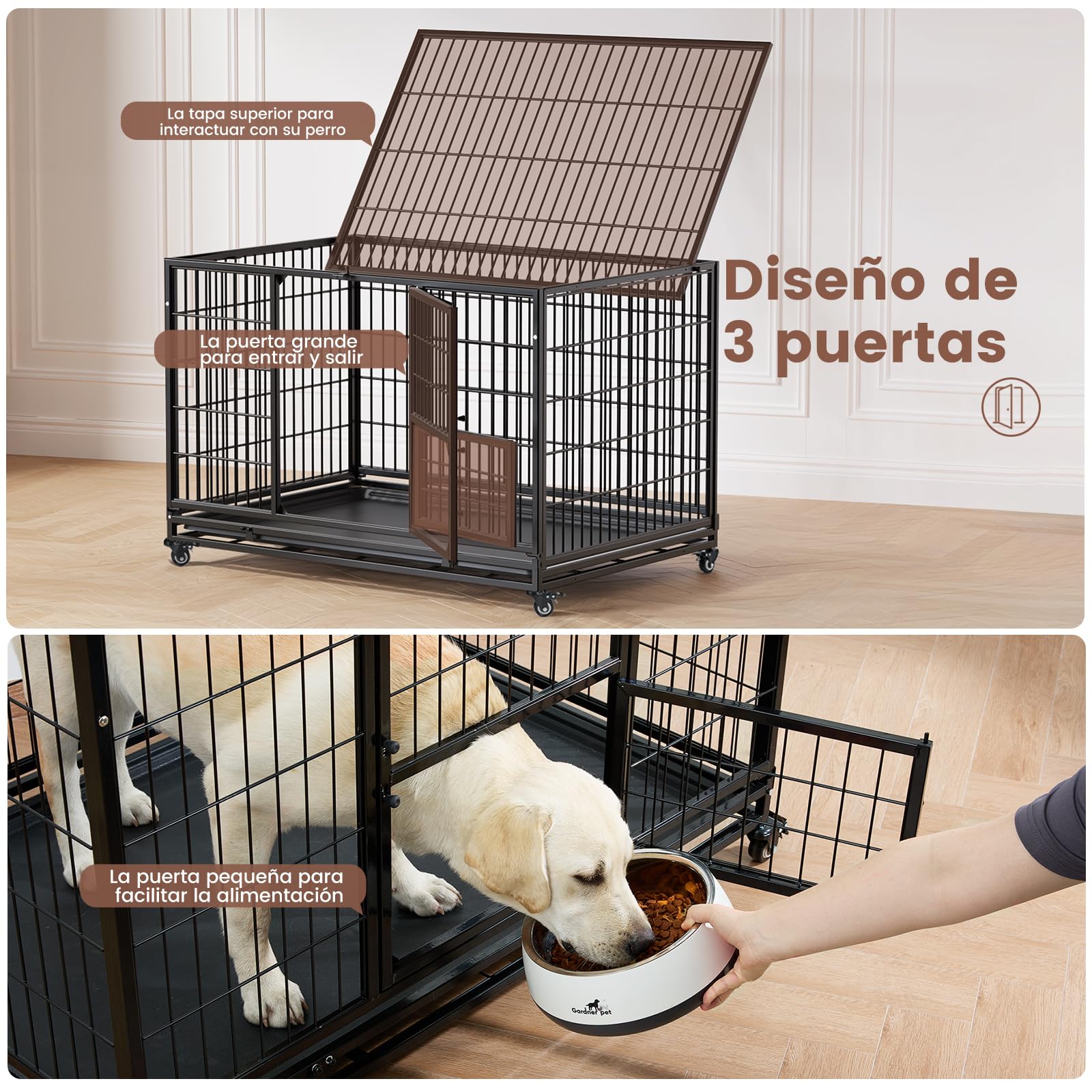 Gardner Pet Jaula para Perro Talla L-82.3x51.5x56cm para Perros Medianos, Diseño a Prueba de Escape con Bandeja, 3 Puertas Desmontables y Ruedas Bloqueables, Jaula Plegable de Metal para Perros-Negro