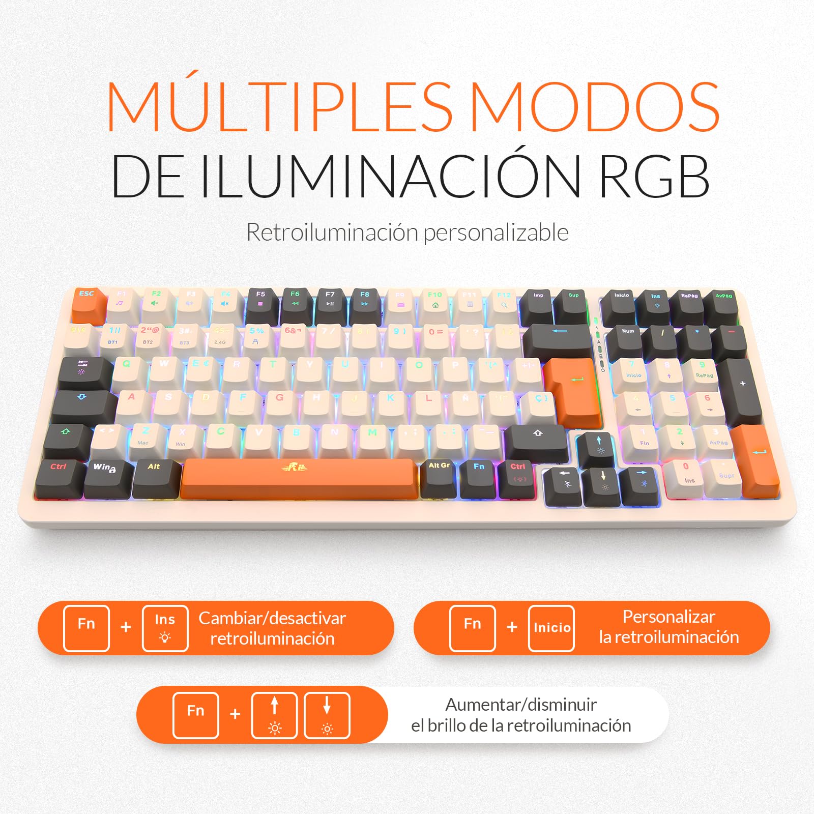 Rii RK909 Teclado 96% Gaming Mecánico, 3 Modos de Conectividad, Retroiluminación LED, Layout Español (Interruptores Azules)