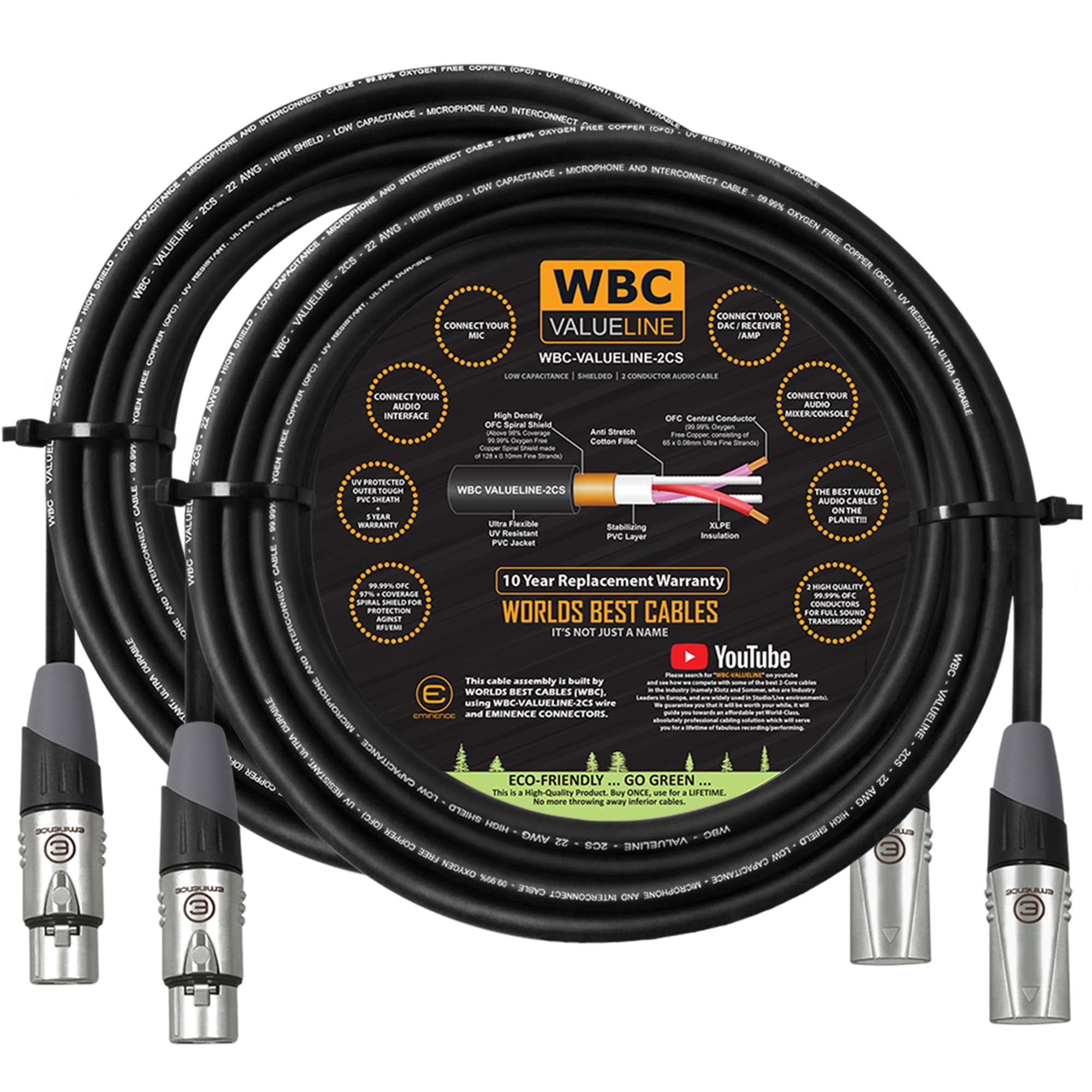 WBC-VALUELINE-2CS (22 AWG) - 2 unidades - Micrófono flexible equilibrado blindado de baja capacitancia de 12 pies, altavoces activos y cables de interconexión con conectores XLR Eminence Gold