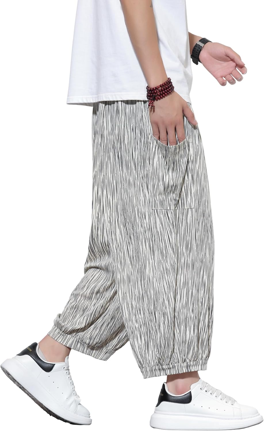Tripleberly Mens Capri Pants Wide Leg Baggy Harem Pants Men Drawstring Elastic Waist 3/4 Capri Shorts Blow Knee with Pockets