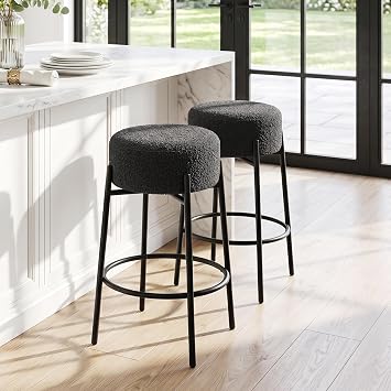 Modern Counter Height Bar Stools Set of 2, Black Swivel Bar Stools Boucle for Kitchen Island, 26" Comfortable Upholstered Counter Chairs