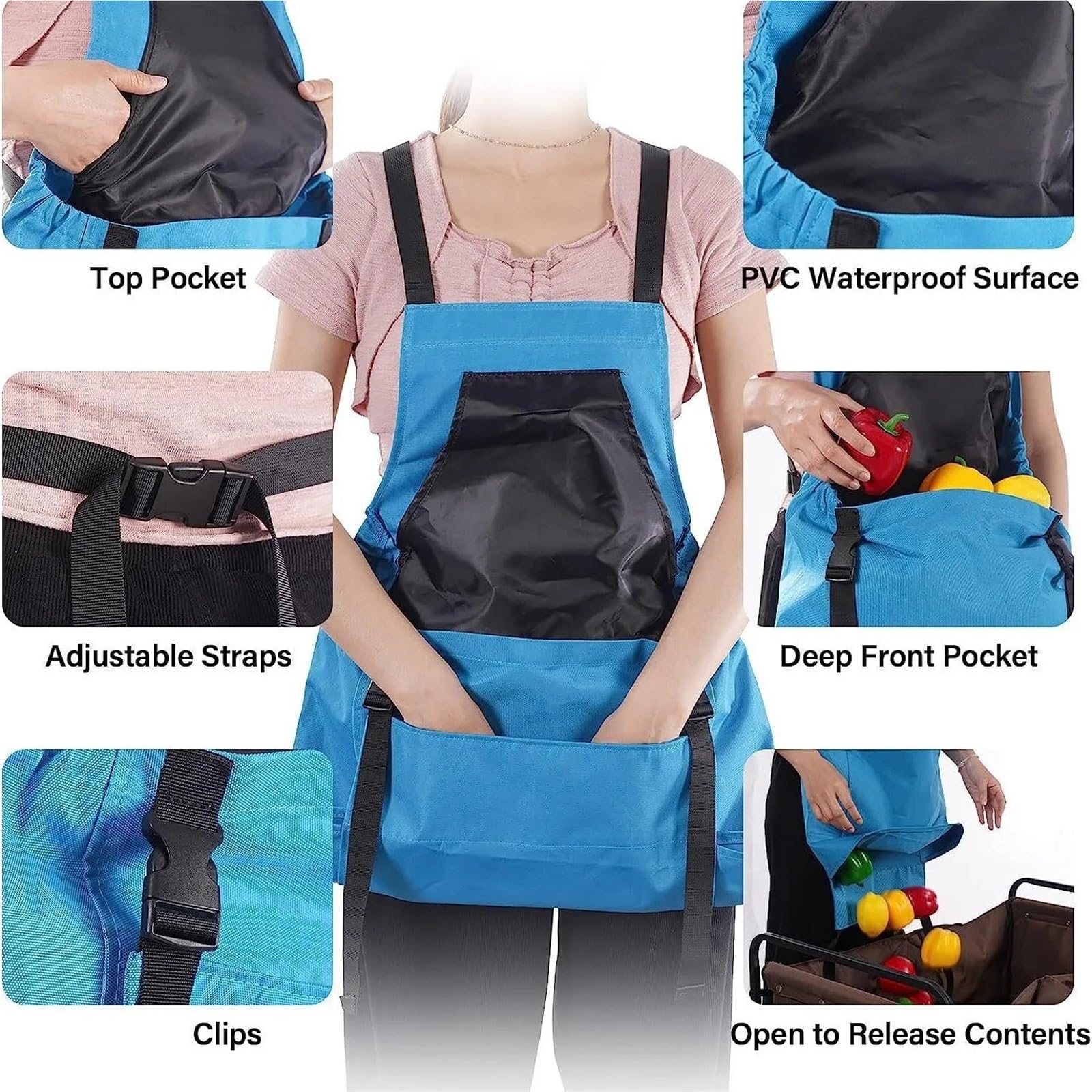 Tablier De Travail Tablier de Jardinage avec Poches, Tablier de Cuisine for Hommes et Femmes, Pochette de cueillette for vergers, réglable, résistant à l'eau, Lavable(Blue)