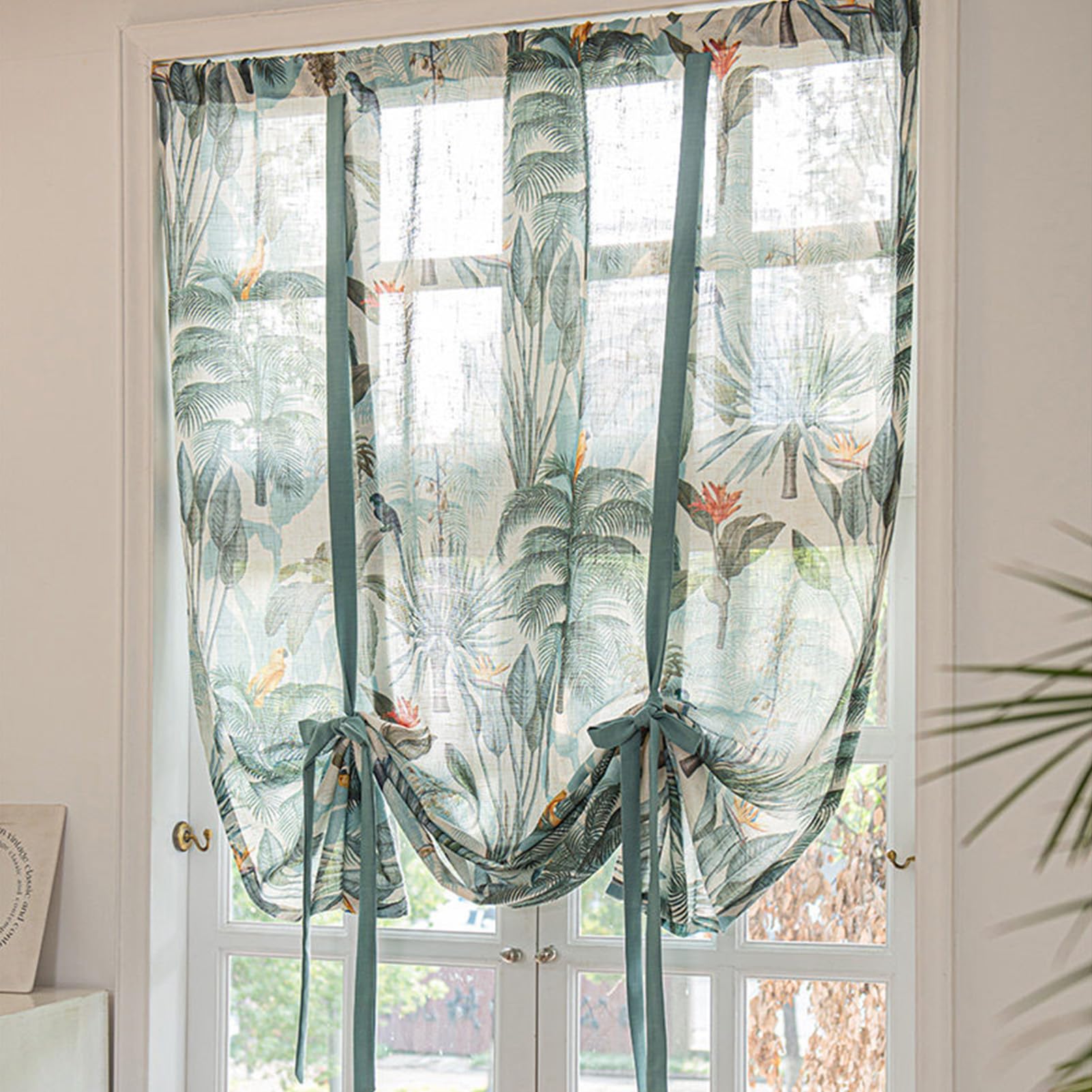 ZZYK Linen Light Filtering Kitchen Valance Summer Print Farmhouse Window Curtain Panels Rod Pocket Washed Rustic Short Valances Curtains for Living Room,Green,31" W x 59" L