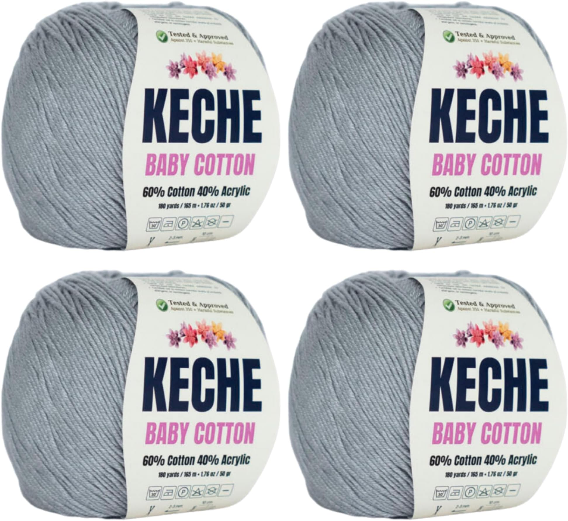 Keche Cotton Yarn, 60% Cotton 40% Acrylic Yarn, Soft Cotton Yarn for Crochet and Knitting, Amigurumi Yarn 4 Skeins/Balls [1.76 Oz (50g) / 180 Yrds (165m)] x 4 - Grey
