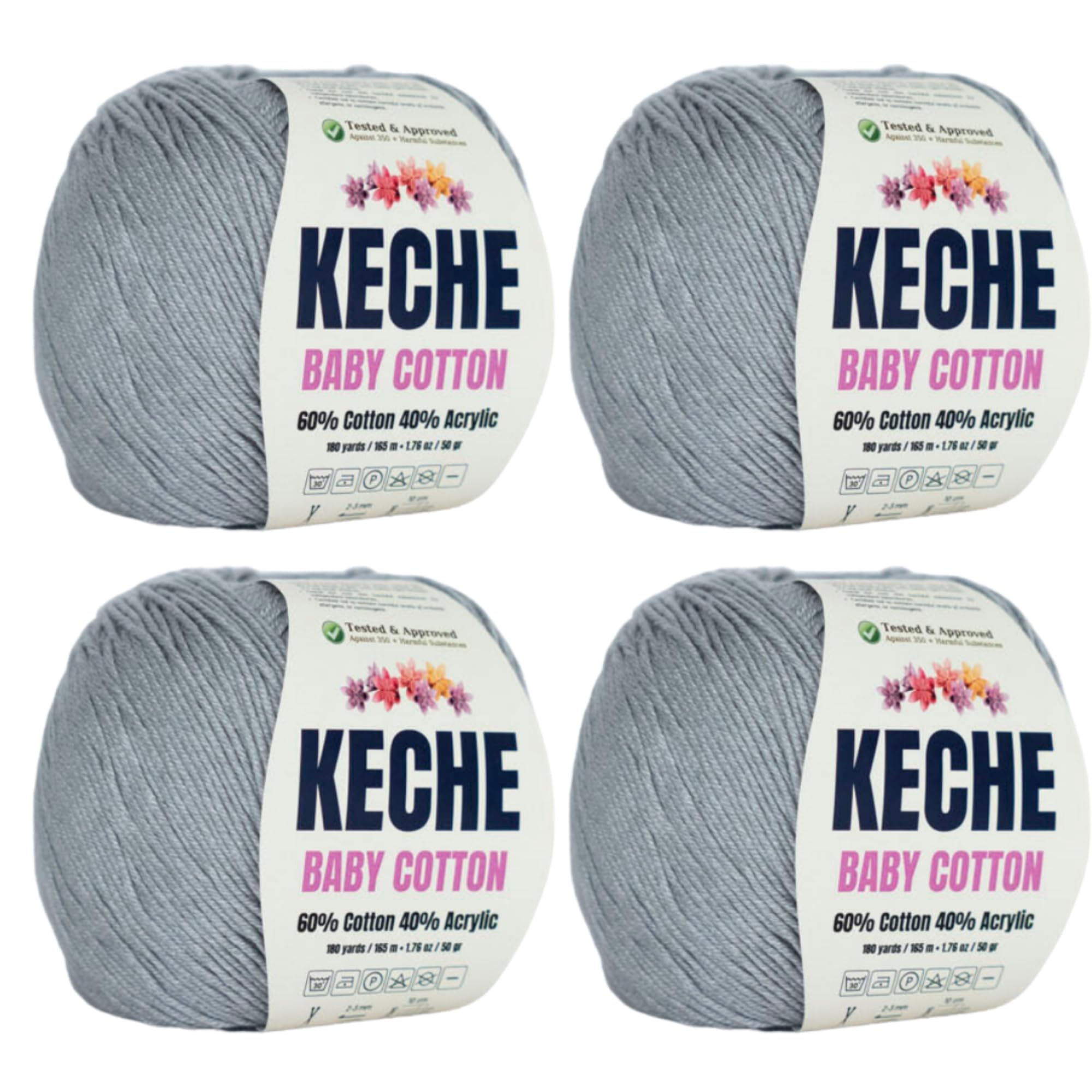 Keche Cotton Yarn, 60% Cotton 40% Acrylic Yarn, Soft Cotton Yarn for Crochet and Knitting, Amigurumi Yarn 4 Skeins/Balls [1.76 Oz (50g) / 180 Yrds (165m)] x 4 - Grey