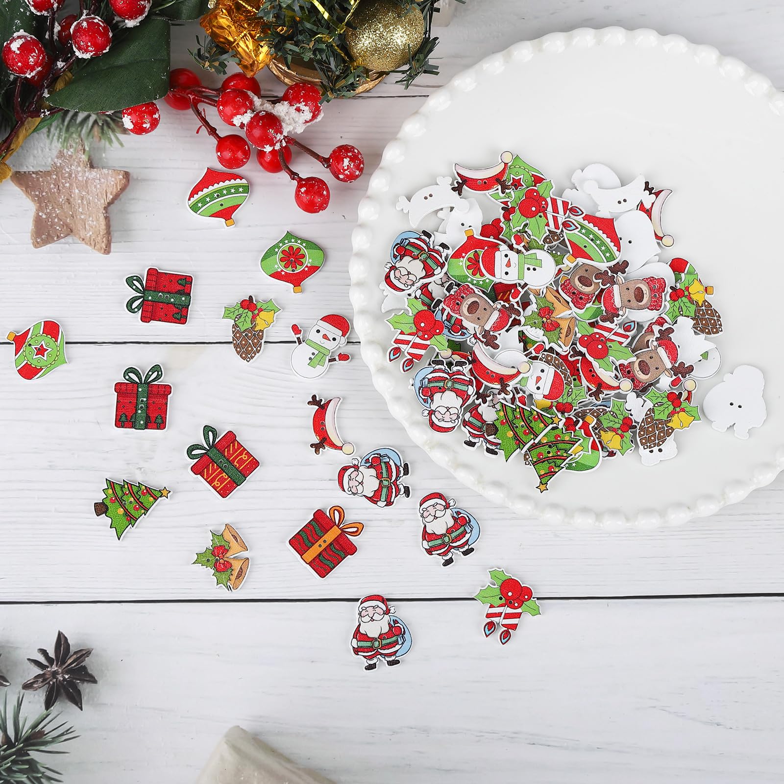 Lot 100 Boutons Bois Noël DIY – Boutons Couture Mini Chaussettes, Flocons, Cœurs, Sapins Pour Scrapbooking, Déco Artisanale Noël