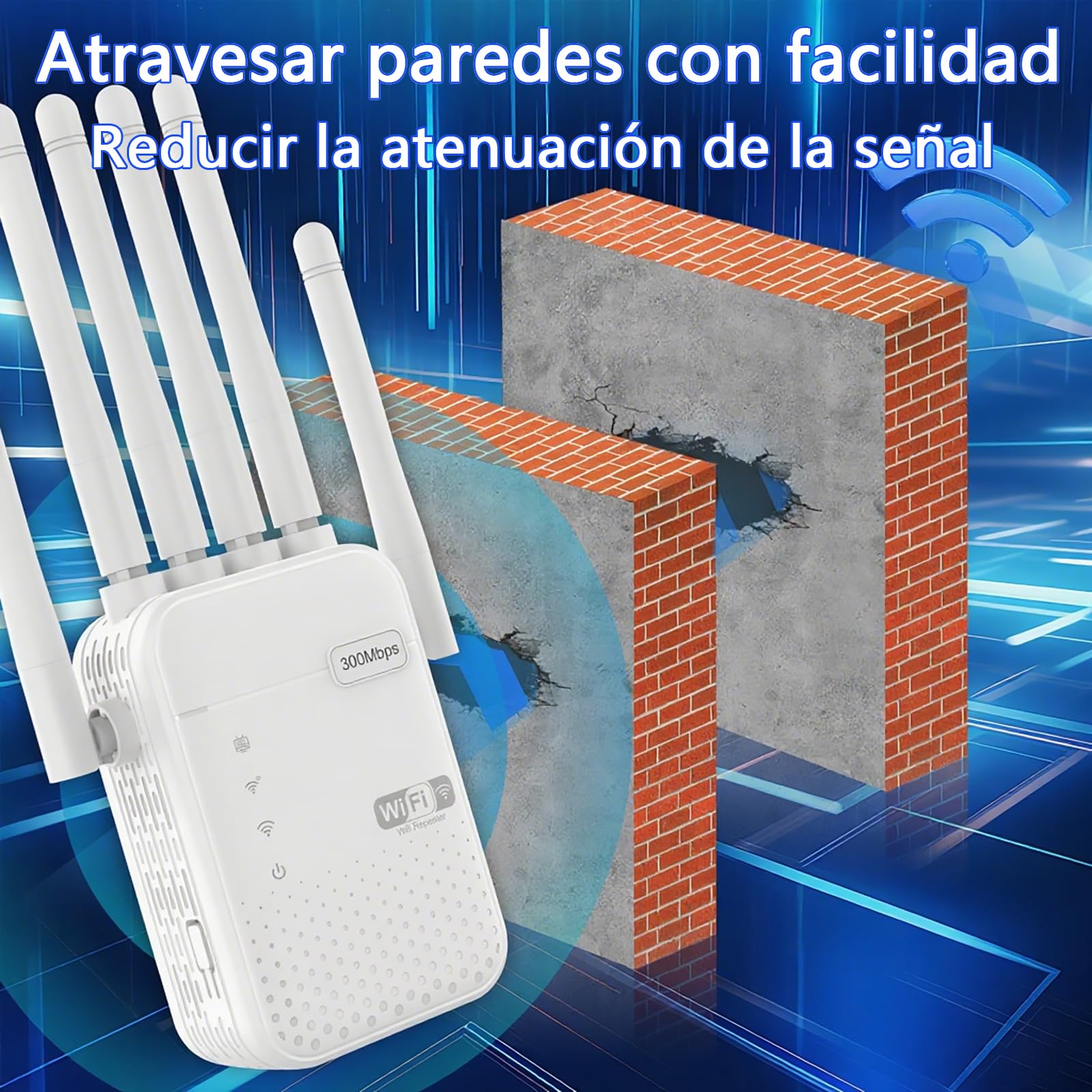 Repetidor WiFi Largo Alcance, Amplificador Señal WiFi, Señal Cobertura hasta 1200 m² para 50 Dispositivos, Extensor de WiFi con 6 Antenas, 2 Puertos Ethernet, Compatible con Todos los Routers — view 3