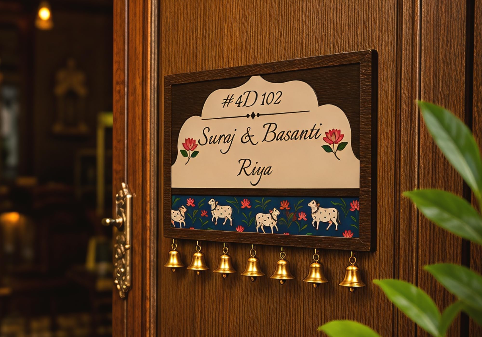 Webelkart Wooden Customised House Name Plate With Golden Bell For Home Entrance Outdoor - Door name plates | Name Plate Office Entrance (14 x 10 inches) Customized name plate (Cow Designs) — Amazon image 3