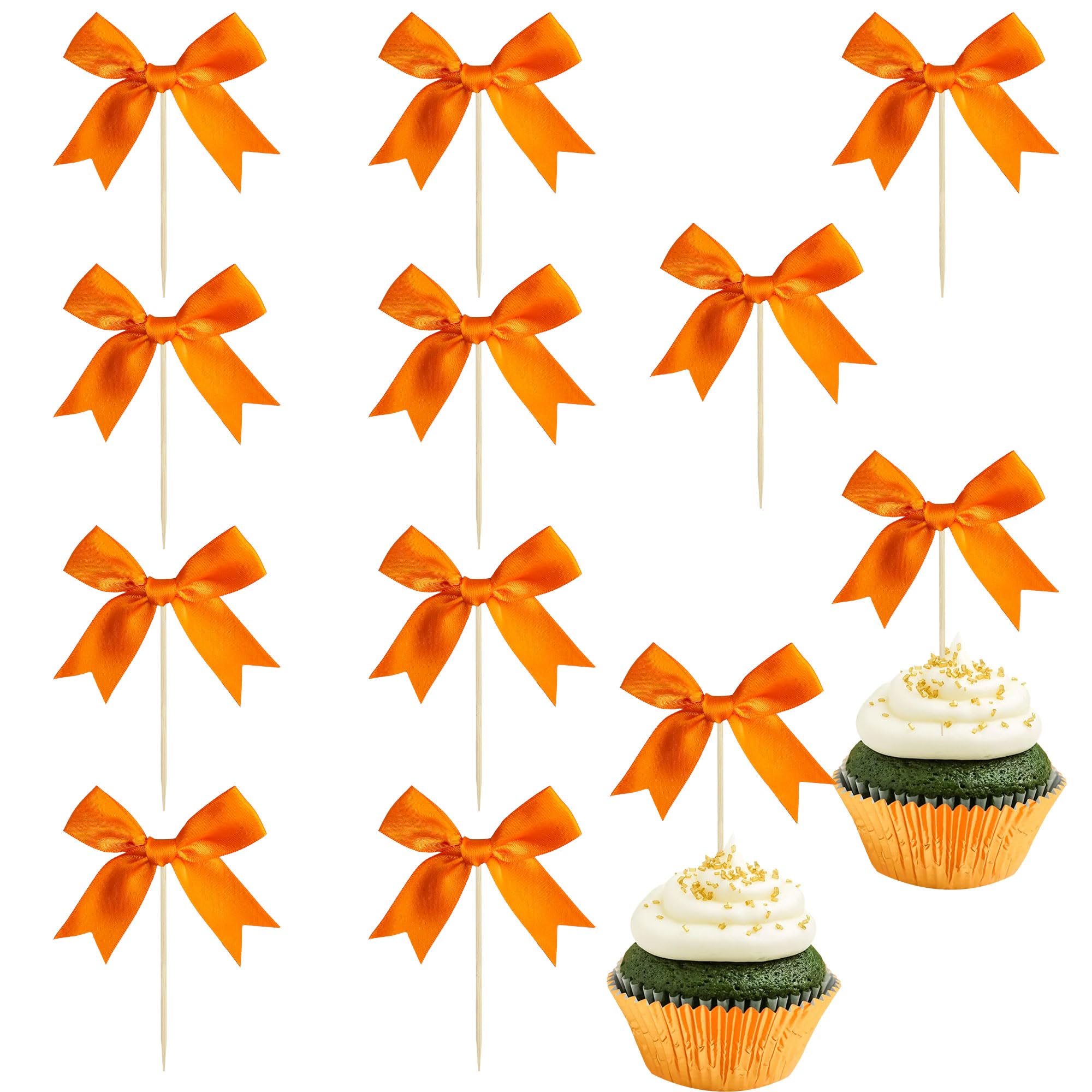 Ephlyn 24Pcs Bow Cupcake Toppers Bow Cake Topper Birthday Decorations Mini Bowknot Cupcake Picks for Coquette Theme Party Decoration Bachelorette Bridal Engagement Wedding Party Supplies Orange