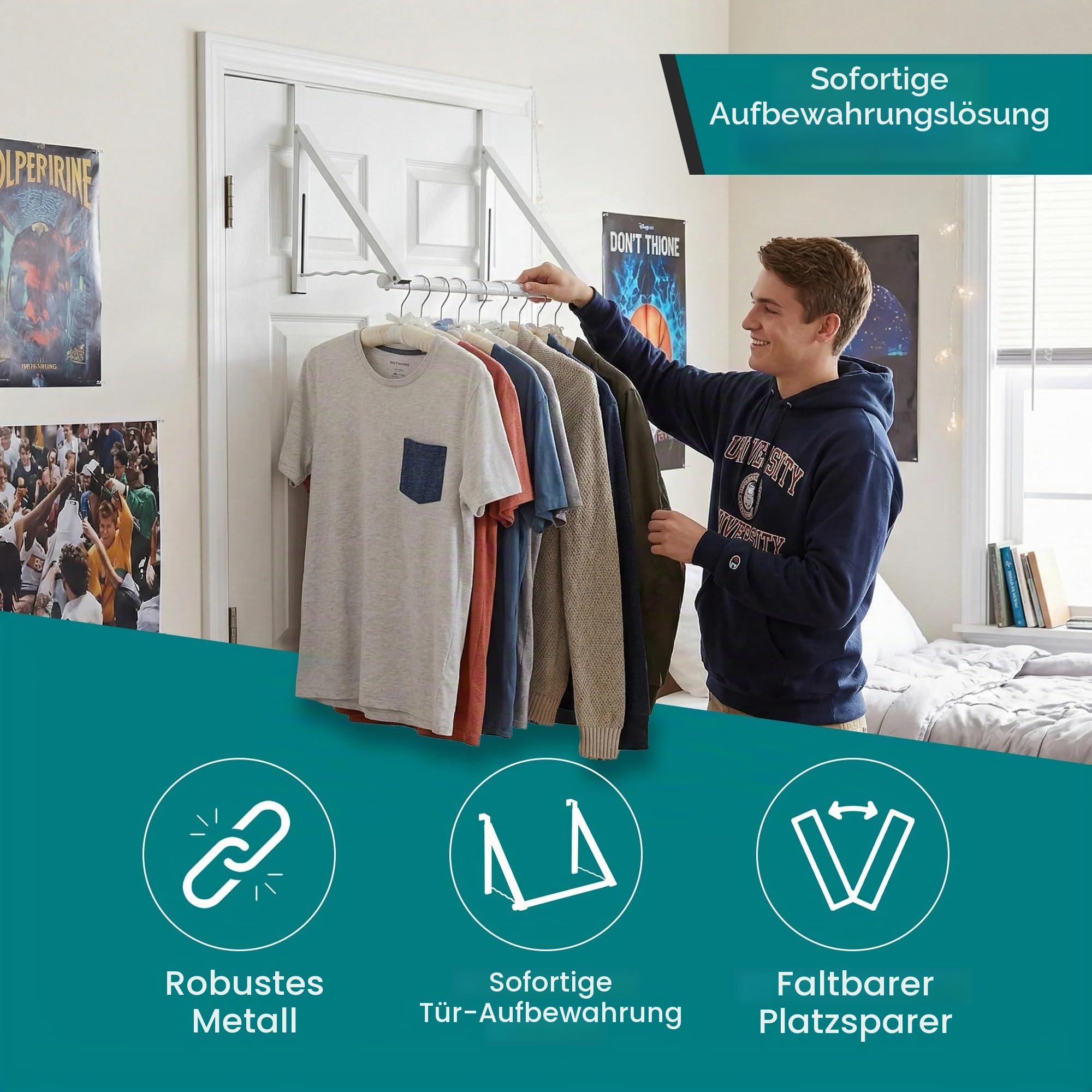 Strapazierfähiger Kleiderständer für Tür, erweiterbar, faltbar, für Schrankstangen, Kleiderstange, Organisieren von Schränken, Aufbewahrung usw. in Badezimmern/Schlafzimmern (weiß)
